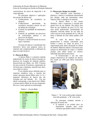 Laboratório de Ensaios Mecânicos de Materiais
Curso de Tecnologia em Gestão da Produção Industrial
Instituto Federal de Educação, Ciência e Tecnologia de São Paulo – Campus Salto
2
características da marca de impressão e da
carga aplicada.
Os principais objetivos e aplicações
dos ensaios de dureza são:
Conhecimento da resistência ao
desgaste.
Conhecimento aproximado da
resistência mecânica através do uso
de tabelas de correlação.
Controle de qualidade de tratamentos
térmicos.
Controle de qualidade em processos
de conformação plástica e em
processos de ligação.
Pesquisa e desenvolvimento de novas
ligas e materiais..
O ensaio de dureza é considerado não
destrutivo; deixa uma pequena marca no
material, não comprometendo a utilização da
peça ou corpo de prova.
4 – Dureza de Risco
A dureza Mohs é o primeiro método
padronizado de ensaio de dureza baseado no
processo de riscagem de minerais padrões,
desenvolvido por Mohs, em 1822. Consiste
de uma escala de 10 minerais, organizados de
tal forma que o diamante, material mais duro,
risca todos os outros.
É um método pouco utilizado para os
materiais metálicos, pois, a maioria dos
metais apresenta dureza Mohs entre 4 e 8, e
pequenas diferenças de dureza não são
acusadas por este método. Ex: Um aço
dúctil corresponde a uma dureza de 6 Mohs,
a mesma dureza Mohs de um aço temperado.
Por isso, é mais aplicado na mineralogia.
Tabela 1 – Escala Mohs
Escala Mohs
Diamante 10
Corundum 9
Topázio 8
Quartzo 7
Ortoclase 6
Apatita 5
Fluorita 4
Calcita 3
Gesso 2
Talco 1
5 – Dureza por choque ou ressalto
Para materiais como borrachas e
plásticos, a dureza é usualmente determinada
por choque, onde um instrumento causa
impacto sobre a superfície do material.
A dureza Shore é um ensaio
dinâmico, onde a impressão é causada pela
queda livre de um êmbolo. Ela utiliza uma
barra de aço (êmbolo) de peso 2,5 N, com
uma ponta padronizada (arredondada) de
diamante colocada dentro de um tubo de
vidro com um escala graduada de 0 a 140, tal
barra é liberada de uma altura padrão (256
mm).
O valor da dureza Shore é
proporcional à energia consumida para
formar a marca no corpo de prova e é
representada pela altura alcançada no rebote
do êmbolo. Materiais dúcteis consomem mais
energia na deformação do corpo e o êmbolo
alcança uma altura menor no retorno,
indicando uma dureza mais baixa.
O Escleroscópio é um dos mais
antigos dispositivos de medição de dureza.
Foi criado em 1905 pela Shore Instrument
Mfg Co.
Figura 1 - “a” é um escleroscópio original,
com tubo graduado, a “b” com escala.
Os principais cuidados durante a
aplicação do ensaio são:
O material a ser testado deve ser
firmemente apoiado para evitar
vibrações que podem alterar a leitura;
 