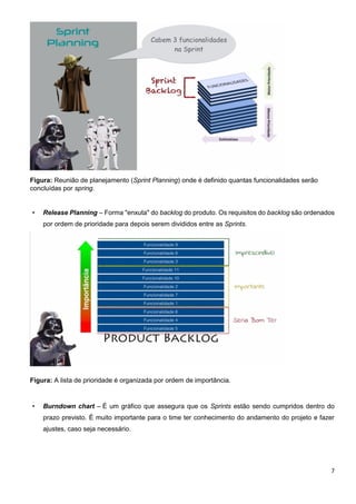 7
Figura: Reunião de planejamento (Sprint Planning) onde é definido quantas funcionalidades serão
concluídas por spring.
• Release Planning – Forma "enxuta" do backlog do produto. Os requisitos do backlog são ordenados
por ordem de prioridade para depois serem divididos entre as Sprints.
Figura: A lista de prioridade é organizada por ordem de importância.
• Burndown chart – É um gráfico que assegura que os Sprints estão sendo cumpridos dentro do
prazo previsto. É muito importante para o time ter conhecimento do andamento do projeto e fazer
ajustes, caso seja necessário.
 