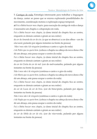 Teoria e Metodologia do Ensino da Arte
111
5. Cantigas de roda: Estratégia interessante para trabalhar a linguagem
da dança, cantar ao passo que se encena explorando possibilidades do
movimento, coordenação motora e exploração espaço-temporal.
a) Fui a Bahia buscar meu chapéu: para execução da cantiga de roda e dança
é necessário um chapéu e a disposição em roda.
Fui a Bahia buscar meu chapéu, (o dono inicial do chapéu fica ao centro,
enquanto os demais cantam e giram ao seu redor)
da cor da Amanda da cor do céu. (o que se observa é a cor dos olhos – cor do
céu=azul, pulando por alguns instantes na frente da pessoa)
Não é meu não é de ninguém (continua o canto e o giro da roda)
é do Pedro que eu quero bem. (coloca o chapéu na cabeça da nova dona e lhe
dá um abraço, esta passa ocupar o centro da roda)
Fui a Bahia buscar meu chapéu, (o dono inicial do chapéu fica ao centro,
enquanto os demais cantam e giram ao seu redor)
da cor da Cintia da cor do mel. (cor do mel=castanho, pulando por alguns
instantes na frente da pessoa)
Não é meu não é de ninguém (continua o canto e o giro da roda)
é do Mario que eu quero bem. (coloca o chapéu na cabeça do novo dono e lhe
dá um abraço, este passa ocupar o centro da roda)
Fui a Bahia buscar meu chapéu, (o dono inicial do chapéu fica ao centro,
enquanto os demais cantam e giram ao seu redor)
da cor do Lucas da cor do breu. (cor do breu=preto, pulando por alguns
instantes na frente da pessoa)
Não é meu não é de ninguém (continua o canto e o giro da roda)
é da Nayla que eu quero bem. (coloca o chapéu na cabeça da nova dona e lhe
dá um abraço, esta passa ocupar o centro da roda)
Fui a Bahia buscar meu chapéu, (o dono inicial do chapéu fica ao centro,
enquanto os demais cantam e giram ao seu redor)
da cor da Sibila da cor do véu. (cor do véu=verde, pulando por alguns
instantes na frente da pessoa)
 
