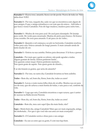Teoria e Metodologia do Ensino da Arte
125
Narrador 1 – Ficava roxo, amarelo, ficava cor-de-pavão. Ficava de toda cor. Não
sabia dizer NÃO.
Narrador 2 – Por isso, naquele dia, cada vez que se encontrava com algum de
seus amigos, E que o amigo estranhava a cor com que ele estava... Adivinha o
que fazia o nosso Camaleão. Pois ele logo mudava, mudava para outro tom...
Narrador 1 – Mudou de rosa para azul. De azul para alaranjado. De laranja
para verde. De verde para encarnado. Mudou de preto para branco. De branco
virou roxinho. De roxo para amarelo. E até para cor de vinho...
Narrador 2 - Quando o sol começou a se pôr no horizonte, Camaleão resolveu
voltar para casa. Estava cansado do longo passeio. E mais cansado ainda de
tanto mudar de cor.
Narrador 1 – Entrou na sua casinha. Deitou para descansar. E lá ficou a pensar:
Camaleão – Por mais que a gente se esforce, não pode agradar a todos.
Alguns gostam de farofa. Outros preferem farelo...
Uns querem comer maçã. Outros preferem marmelo...
Tem quem goste de sapato. Tem quem goste de chinelo...
E se não fossem os gostos, que seria do amarelo?
Narrador 2 – Por isso, no outro dia, Camaleão levantou-se bem cedinho.
Todos – Bom dia, sol, bom dia, flores, bom dia, todas as cores!
Narrador 2 - Lavou o rosto numa folha cheia de orvalho. Mudou sua cor para
cor-de-rosa, que ele achava a mais bonita de todas, e saiu para o sol, contente da
vida.
Narrador 1 – Logo que saiu, Camaleão encontrou o sapo cururu, que é cantor
de sucesso na Rádio Jovem Floresta.
Todos – Bom dia, sol, bom dia, flores, bom dia, todas as cores!
Camaleão – Bom dia, meu caro sapo! Que dia mais lindo, não?
Sapo – Muito bom dia, amigo Camaleão! Mais que cor mais engraçada, antiga,
tão desbotada... Por que é que você não usa uma cor mais avançada?
Narrador 2 – O Camaleão sorriu e disse para o seu amigo:
Camaleão – Eu uso as cores que eu gosto, E com isso faço bem.
 