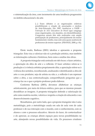 Teoria e Metodologia do Ensino da Arte
15
e sistematização da área, com incremento de uma tendência progressista
no âmbito educacional e da arte.
[...] Esses debates e as organizações coletivas
possibilitaram a criação de associações e núcleos
de Arte-Educação. Em 1987, fundou-se a FAEB –
Federação de Arte Educadores do Brasil (que congrega
essas organizações, ora atuantes, ora desmobilizadas).
Congressos anuais têm sido realizados com ampla
participação de professores, principalmente do ensino
fundamental e médio, mas com uma quase ausência de
professores de ensino superior. (FRANGE, 2008, p. 41).
Deste modo, Barbosa (2001) idealiza e apresenta a proposta
triangular. Esta visa a valorizar não só a produção artística, mas também
as informações culturais e históricas, bem como a análise das obras.
A proposta triangular está centrada em três focos: o fazer artístico,
a apreciação da obra de arte e a reflexão. O fazer artístico refere-se à
produção e à vivência artística propriamente dita; a apreciação refere-se à
vivência dos sentidos, reconhecendo, analisando e identificando a obra de
arte e o seu produtor, seja ele artista ou não; e, a reflexão é um repensar
sobre a obra, a sua contextualização, compartilhando perguntas que a
criança faz ou o que o próprio professor pode elaborar.
Conforme Barbosa (2001), devemos alfabetizar as crianças
artisticamente, por meio da leitura estética, para que as mesmas possam
decodificar as imagens. A proposta triangular defende a valorização da
arte como matéria escolar, valoriza e respeita a criação do educando e seu
desenvolvimento cognitivo.
Ressaltamos, por outro lado, que a proposta triangular não é uma
metodologia, pois a metodologia usada em sala de aula vem de cada
professor e de sua interação com o mundo, com o conhecimento, com os
alunos e com o processo educativo. Através do fazer, do contextualizar
e do apreciar, as crianças abrem espaços para novas possibilidades na
arte, almejando novas possibilidades de vida. Os processos criadores
 