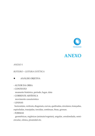 ANEXO 1
ROTEIRO – LEITURA ESTÉTICA
 ANÁLISE OBJETIVA
- AUTOR DA OBRA
- CONTEXTO
momento histórico, período, lugar, data
- CORRENTE ARTÍSTICA
movimento característico
- LINHAS
horizontais, verticais, diagonais, curvas, quebradas, circulares, trançadas,
espiraladas, tracejadas, torcidas, contínuas, finas, grossas.
- FORMAS
geométricas, orgânicas (animais/vegetais), angular, arredondada, semi-
circular, cônica, piramidal etc.
ANEXO
 