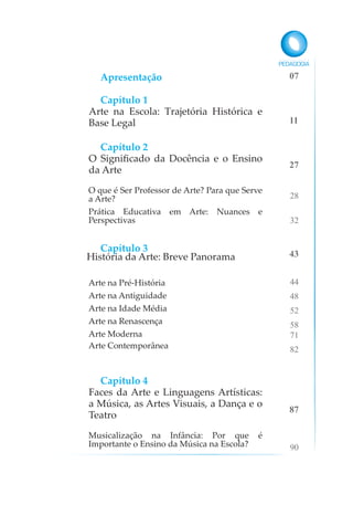 Apresentação
Capítulo 1
Arte na Escola: Trajetória Histórica e
Base Legal
Capítulo 2
O Significado da Docência e o Ensino
da Arte
O que é Ser Professor de Arte? Para que Serve
a Arte?
Prática Educativa em Arte: Nuances e
Perspectivas
Capítulo 3
História da Arte: Breve Panorama
Arte na Pré-História
Arte na Antiguidade
Arte na Idade Média
Arte na Renascença
Arte Moderna
Arte Contemporânea
Capítulo 4
Faces da Arte e Linguagens Artísticas:
a Música, as Artes Visuais, a Dança e o
Teatro
Musicalização na Infância: Por que é
Importante o Ensino da Música na Escola?
07
11
27
43
87
28
32
44
48
52
58
71
82
90
 