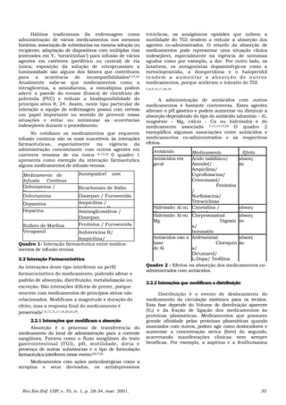 Hábitos tradicionais da enfermagem como
administração de vários medicamentos nos mesmos
horários; associação de substâncias na mesma solução ou
recipiente; adaptação de dispositivos com múltiplas vias
(extensões em Y, "torneirinhas") para infusão de vários
agentes em catéteres (periférico ou central) de via
única; exposição da solução de nitroprussiato a
luminosidade são alguns dos fatores que contribuem
para a ocorrência de incompatibilidades4,14,24
Atualmente sabe-se que medicamentos como a
nitroglicerina, a amiodarona, a nimodipina podem
aderir a parede do envase (frasco) de cloridrato de
polivinila (PVC) e reduzir a biodisponibilidade do
principio ativo 8, 24. Assim, neste tipo particular de
interação a equipe de enfermagem possui com certeza
um papel importante no sentido de prevenir essas
situações e evitar ou minimizar as ocorrências
indesejáveis durante o procedimento.
No cotidiano os medicamentos que requerem
infusão contínua são os mais suscetíveis às interações
farmacêuticas, especialmente na vigência da
administração concomitante com outros agentes em
cateteres venosos de via única 8,13,24 0 quadro 1
apresenta como exemplo da interação farmacêutica
alguns medicamentos de infusão venosa.
Medicamento de
Infusão Contínua
Incompatível com
Dobutamina /
Dopamina
Bicarbonato de Sódio
Dobutamina Diazepan / Furosemida
Dopamina Ampícilína /
Anfotericina B
Heparina Aminoglicosídeos /
Diazepan
Sulfato de Morfina Fenitoína / Furosemida
Verapamil Anfotericina B/
Ampicilina/
Quadro 1- Interação farmacêutica entre medica-
mentos de infusão venosa
2.2 Interação Farmacocinética
As interações deste tipo interferem no perfil
farmacocinético do medicamento, podendo afetar o
padrão de absorção, distribuição, metabolização ou
excreção. São interações difíceis de prever, porque
ocorrem com medicamentos de princípios ativos não
relacionados. Modificam a magnitude e duração do
efeito, mas a resposta final do medicamento é
preservada7,9,13,15,17,18,20,25,29.
2.2.1 Interações que modificam a absorção
Absorção é o processo de transferência do
medicamento do local de administração para a corrente
sangüínea. Fatores como o fluxo sangüíneo do trato
gastrointestinal (TGI), pH, motilidade, dieta e
presença de outras substâncias e o tipo de formulação
farmacêutica interferem nesse evento2,8,17,24
Medicamentos com ações anticolinérgicas como a
atropina e seus derivados, os antidepressivos
tricíclicos, os analgésicos opióides que inibem a
motilidade do TGI tendem a reduzir a absorção dos
agentes co-administrados. O retardo da absorção de
medicamentos pode representar uma situação clinica
indesejável, especialmente na vigência de sintomas
agudos como por exemplo, a dor. Por outro lado, os
laxativos, os antagonistas dopaminérgicos como a
metoclopramida, a domperidona e o haloperidol
tendem a aumentar a absorção de outros
medicamentos, porque aceleram o trânsito do TGI
7,8,9,15,17,20,24
A administração de antiácidos com outros
medicamentos é bastante controversa. Estes agentes
alteram o pH gástrico e podem aumentar ou diminuir a
absorção dependendo do tipo do antiácido (alumínio - Al,
magnésio - Mg, cálcio - Ca ou hidróxido) e do
medicamento associado 7,13,14,15,24 O quadro 2
exemplifica algumas associações entre antiácidos e
medicamentos co-administrados e as respectivos
efeitos.
Antiácido Medicamento Efeito
Antiácidos em
geral
Ácido nalidíxico/
Atenolol/
Ampicilina/
Ciprofloxacina/
Cetoconazol/
Fenitoína
/
Norfloxacina/
Tetraciclinas
absorç
ão
Hidróxido: Al ou
M
Cimetidina /
R itidi
absorç
ã
Hidróxido: Al ou
Mg
Clorpromazinal
Digoxin
a/
Isoniazida
absorç
ão
Antiácidos não à
base
de Al
Anfetaminal
Cloroquin
a/
Dicumarol/
L-Dopa/ Teofilina
absorç
ão
Quadro 2 - Efeitos na absorção dos medicamentos co-
administrados com antiácidos.
2.2.2 Interações que modificam a distribuição
Distribuição é o evento de deslocamento do
medicamento da circulação sistêmica para os tecidos.
Esta fase depende do Volume de distribuição aparente
(Vd) e da fração de ligação dos medicamentos às
proteínas plasmáticas. Medicamentos que possuem
grande afinidade pelas proteínas plasmáticas quando
associados com outros, podem agir como deslocadores e
aumentar a concentração sérica (livre) do segundo,
acarretando manifestações clínicas nem sempre
benéficas. Por exemplo, a aspirina e a fenilbutazona
Rev.Esc.Enf. USP, v. 35, n. 1, p. 28-34, mar. 2001. 30
 