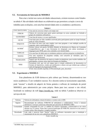 7
5.2. Ferramentas de Interação do MOODLE
Para criar e incluir nos cursos atividades educacionais, existem recursos como listados
na tabela 4. São atividades individuais ou colaborativas que permitem a criação e envio de
trabalhos para avaliações, com uma boa interatividade entre os estudantes e professores.
Tabela 4
CHAT (BATE-PAPO) Uma sala de conversa virtual e em tempo real.
FÓRUM Tópicos de conversas para quem quiser participar no curso, podendo ser limitado a
grupos de estudantes utilizadores.
GLOSSÁRIO Uma lista de termos e os seus significados.
LIÇÃO Uma lição para ser lida e também resolvida pelos participantes pode ter tempo limitado,
pode ter vários formatos.
ENQUETE Um bloco de texto com uma simples com uma pergunta e com múltipla escolha de
respostas, onde os participantes votam.
SCORM7
Permite colocar um pacote SCORM (Modelo de Referência de Objetos de Conteúdos
Compartilháveis), que é uma ferramenta de integração com outras tecnologias e
linguagens para WEB, para criar conteúdos com interatividade.
TABELAS Cria uma base de dados para os estudantes poderem realizara pesquisas na plataforma.
TESTES Cria uma sequência de perguntas cotadas, com conceitos já valorados, para os
participantes resolverem.
TRABALHOS Espaços que são diretórios de arquivos criados na plataforma, para receber trabalhos dos
participantes, existem vários tipos de formatos de trabalhos.
WIKI
Ferramenta web, que cria um espaço para a criação colaborativa de documentos no
formato de hipertextos, criados por professores e alunos sem que tenham que conhecer
nada da linguagem de programação HTML.
(Fonte: docs.moodle.org/all/pt_br/Documentação_para_docentes)
5.3. Experimente o MOODLE
Esta plataforma de EAD destaca-se pela cultura que formou, disseminando-se nos
meios acadêmicos. É um verdadeiro sucesso. Se o docente sentiu-se tecnicamente capacitado,
pode “encarar” o desafio de adquirir de forma gratuita o software de instalação do portal
MOODLE, para administrá-lo por conta própria. Basta para isso, acessar o site oficial,
localizado no endereço da web https://moodle.org, onde na tabela 5 podem-se observar os
serviços do site:
Tabela 5
Notícias Notícias de utilizadores, desenvolvedores e eventos com o LMS.
Suporte Documentação do software, FORUNS de utilizadores e colaboradores, livros e manuais
eletrônicos e serviços comerciais oferecidos por parceiros do MOODLE.ORG.
Comunidade Grande comunidade de com 1,3 milhões de usuários registrados, comunicando-se em vários
idiomas em 231 países. Neste link é possível participar de FORUNS, inscrever-se em cursos e
eventos online, fazer doações e comprar produtos.
Downloads Link onde é possível fazer “baixar” todos os softwares necessários para a instalação e
manutenção de um site com a plataforma MOODLE.
Fonte: moodle.org
7
SCORM: http://scorm.com/pt/
 