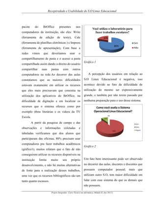 Receptividade e Usabilidade do S.O Linux Educacional

pacote

do

BrOffice

presentes

nos

computadores da instituição, são eles: Write
(ferramenta

de

edição

de

texto),

Você utiliza o laboratório para
fazer trabalhos escolares?

Calc

20%

(ferramenta de planilhas eletrônicas ) e Impress

Sim
80%

(ferramenta de apresentação), Com base a
redes

vimos

que

deveríamos

usar

Não

o

compartilhamento de pasta e o acesso a pasta
compartilhada assim dando o direito do usuário
compartilhar

suas

pastas

com

Gráfico 1

outros

computadores na rede.Ao decorrer das aulas

A percepção dos usuários em relação ao

constatamos que as maiores dificuldades

S.O Linux Educacional é negativa, isso

estavam exatamente em utilizar os recursos

acontece devido ao fato da dificuldade de

que eles mais precisavam que consistia na

utilização do mesmo ser expressivamente

utilização dos aplicativos do BrOffice, na

grande, e também por não terem passado por

dificuldade de digitação e em localizar os

nenhuma preparação para o uso desse sistema.

recursos que o sistema oferece como por
exemplo obras literárias e os vídeos da TV
Escola.
A partir da pesquisa de campo e das
observações

e

informações

coletadas

e

tabuladas verificamos que dos alunos que
participaram das oficinas, 80% precisam usar
computadores pra fazer trabalhos acadêmicos

Gráfico 2

(gráfico1), muitos relatam que o fato de não
conseguirem utilizar os recursos disponíveis na
próprio

Um fato bem interessante pode ser observado

desenvolvimento, e não há muitas alternativas

no decorrer das aulas, docentes e discentes que

de fonte para a realização desses trabalhos,

possuem

uma vez que os recursos bibliográficos são um

utilizam outro S.O, tem maior dificuldade em

tanto quanto escassos.

lidar com esse sistema do que os demais que

instituição

limita

muito

seu

computador

não possuem.
Projeto Integrador: Curso Técnico em informática, Módulo II, Ano 2012/1

pessoal,

mais

que

 