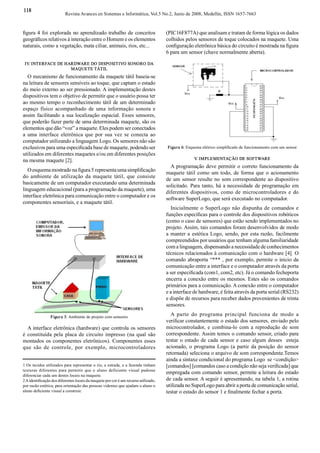118 
Revista Avances en Sistemas e Informática, Vol.5 No.2, Junio de 2008, Medellín, ISSN 1657­7663 
1 Os tecidos utilizados para representar o rio, a estrada, e a fazenda tinham 
texturas diferentes para permitir  que o aluno  deficiente  visual  pudesse 
diferenciar cada um destes locais na maquete. 
2 A identiﬁ cação dos diferentes locais da maquete por cor é um recurso utilizado, 
por razão estética, para orientação das pessoas videntes que ajudam o aluno o 
aluno deﬁ ciente visual a construir. 
Figura 5: Ambiente de projeto com sensores 
A interface eletrônica (hardware) que controla os sensores 
é constituída pela placa de circuito  impresso (na qual são 
montados os componentes eletrônicos). Componentes esses 
que  são  de  controle,  por  exemplo,  microcontroladores 
Figura 6: Esquema elétrico simpliﬁ cado de funcionamento com um sensor 
V. IMPLEMENTAÇÃO DE SOFTWARE 
A programação deve permitir o correto funcionamento da 
maquete tátil como um todo, de forma que o acionamento 
de um sensor resulte no som correspondente ao dispositivo 
solicitado. Para tanto, há a necessidade de programação em 
diferentes  dispositivos,  como de microcontroladores  e  do 
software SuperLogo, que será executado no computador. 
Inicialmente o SuperLogo não  dispunha de comandos e 
funções especíﬁ cas para o controle dos dispositivos robóticos 
(como o caso de sensores) que estão sendo implementados no 
projeto. Assim, tais comandos foram desenvolvidos de modo 
a manter a estética Logo, sendo, por esta razão, facilmente 
compreendidos por usuários que tenham alguma familiaridade 
com a linguagem, dispensando a necessidade de conhecimentos 
técnicos relacionados à comunicação com o hardware [4]. O 
comando abraporta “*** , por exemplo, permite o inicio da 
comunicação entre a interface e o computador através da porta 
a ser especiﬁ cada (com1, com2, etc). Já o comando fecheporta 
encerra a conexão entre os mesmos. Estes são os comandos 
primários para a comunicação. A conexão entre o computador 
e a interface de hardware, é feita através da porta serial (RS232) 
e dispõe de recursos para receber dados provenientes de trinta 
sensores. 
A  parte  do  programa  principal  funciona  de  modo  a 
veriﬁ car constantemente o estado dos sensores, enviado pelo 
microcontrolador, e combina­lo com a reprodução de  som 
correspondente. Assim temos o comando sensor, criado para 
testar o estado de cada sensor e caso algum desses  esteja 
acionado, o programa Logo (a partir da posição do sensor 
retornada) seleciona o arquivo de som correspondente.Temos 
ainda a sintaxe condicional do programa Logo  se <condição> 
[comandos] [comandos caso a condição não seja veriﬁ cada] que 
empregada com comando sensor, permite a leitura do estado 
de cada sensor. A seguir é apresentando, na tabela 1, a rotina 
utilizada no SuperLogo para abrir a porta de comunicação serial, 
testar o estado do sensor 1 e ﬁ nalmente fechar a porta. 
ﬁ gura 4 foi explorada no aprendizado trabalho de conceitos 
geográﬁ cos relativos à interação entre o Homem e os elementos 
naturais, como a vegetação, mata ciliar, animais, rios, etc... 
IV. INTERFACE DE HARDWARE DO DISPOSITIVO SONORO DA 
MAQUETE TÁTIL 
O mecanismo de funcionamento da maquete tátil baseia­se 
na leitura de sensores sensíveis ao toque, que captam o estado 
do meio externo ao ser pressionado. A implementação destes 
dispositivos tem o objetivo de permitir que o usuário possa ter 
ao mesmo tempo o reconhecimento tátil de um determinado 
espaço  físico  acompanhado  de  uma  informação  sonora e 
assim facilitando a sua localização espacial. Esses sensores, 
que poderão fazer parte de uma determinada maquete, são os 
elementos que dão “voz” a maquete. Eles podem ser conectados 
a  uma interface  eletrônica que por sua vez  se conecta ao 
computador utilizando a linguagem Logo. Os sensores não são 
exclusivos para uma especiﬁ cada base de maquete, podendo ser 
utilizados em diferentes maquetes e/ou em diferentes posições 
na mesma maquete [2]. 
O esquema mostrado na ﬁ gura 5 representa uma simpliﬁ cação 
do ambiente  de  utilização  da  maquete  tátil,  que  consiste 
basicamente de um computador executando uma determinada 
linguagem educacional (para a programação da maquete), uma 
interface eletrônica para comunicação entre o computador e os 
componentes sensoriais, e a maquete tátil. 
(PIC16F877A) que analisam e tratam de forma lógica os dados 
colhidos pelos sensores de toque colocados na maquete. Uma 
conﬁ guração eletrônica básica do circuito é mostrada na ﬁ gura 
6 para um sensor (chave normalmente aberta).
 