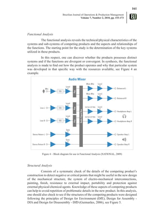 161
                              Brazilian Journal of Operations & Production Management
                                                Volume 7, Number 2, 2010, pp. 153-173




Functional Analysis
            The functional analysis reveals the technical/physical characteristics of the
systems and sub-systems of competing products and the aspects and relationships of
the functions. The starting point for the study is the determination of the key systems
utilized in these products.
           In this respect, one can discover whether the products possesses distinct
systems and if the functions are divergent or convergent. In synthesis, the functional
analysis is made to find out how the product operates and why that particular system
was developed in that specific way with the resources available, see Figure 4 an
example.




            Figure 4 – Block diagram for use in Functional Analysis (NATIONAL, 2009)



Structural Analysis
           Consists of a systematic check of the details of the competing product’s
construction to detect negative or critical points that might be useful in the new design
of the mechanical structure, the system of electro-mechanical interconnections,
painting, finish, resistance to external impact, portability and protection against
external physical/chemical agents. Knowledge of these aspects of competing products
can help to avoid repetition of problematic details in the new product. In this analysis,
one should also check to see if the structures of the competing products were designed
following the principles of Design for Environment (DfE), Design for Assembly -
DfA and Design for Disassembly - DfD (Guimarães, 2006), see Figure 5.
 