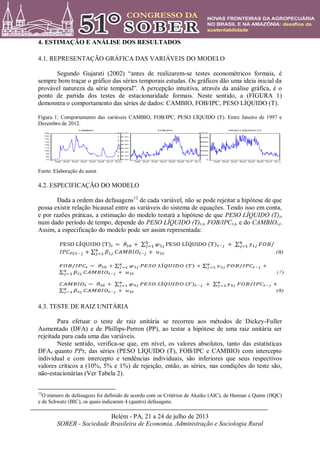 Belém - PA, 21 a 24 de julho de 2013
SOBER - Sociedade Brasileira de Economia, Administração e Sociologia Rural
4. ESTIMAÇÃO E ANÁLISE DOS RESULTADOS
4.1. REPRESENTAÇÃO GRÁFICA DAS VARIÁVEIS DO MODELO
Segundo Gujarati (2002) “antes de realizarem-se testes econométricos formais, é
sempre bom traçar o gráfico das séries temporais estudas. Os gráficos dão uma ideia inicial da
provável natureza da série temporal”. A percepção intuitiva, através da análise gráfica, é o
ponto de partida dos testes de estacionaridade formais. Neste sentido, a (FIGURA 1)
demonstra o comportamento das séries de dados: CAMBIO, FOB/IPC, PESO LÍQUIDO (T).
Figura 1: Comportamento das variáveis CAMBIO, FOB/IPC, PESO LÍQUIDO (T). Entre Janeiro de 1997 e
Dezembro de 2012.
Fonte: Elaboração do autor.
4.2. ESPECIFICAÇÃO DO MODELO
Dada a ordem das defasagens12
de cada variável, não se pode rejeitar a hipótese de que
possa existir relação bicausal entre as variáveis do sistema de equações. Tendo isso em conta,
e por razões práticas, a estimação do modelo testará a hipótese de que PESO LÍQUIDO (T)t,
num dado período de tempo, depende do PESO LÍQUIDO (T)t-j, FOB/IPCt-j, e do CAMBIOt-j.
Assim, a especificação do modelo pode ser assim representada:
4.3. TESTE DE RAIZ UNITÁRIA
Para efetuar o teste de raiz unitária se recorreu aos métodos de Dickey-Fuller
Aumentado (DFA) e de Phillips-Perron (PP), ao testar a hipótese de uma raiz unitária ser
rejeitada para cada uma das variáveis.
Neste sentido, verifica-se que, em nível, os valores absolutos, tanto das estatísticas
DFAτ quanto PPτ, das séries (PESO LÍQUIDO (T), FOB/IPC e CAMBIO) com intercepto
individual e com intercepto e tendências individuais, são inferiores que seus respectivos
valores críticos a (10%, 5% e 1%) de rejeição, então, as séries, nas condições do teste são,
não-estacionárias (Ver Tabela 2).
12
O número de defasagens foi definido de acordo com os Critérios de Akaike (AIC), de Hannan e Quinn (HQC)
e de Schwatz (BIC), os quais indicaram 4 (quatro) defasagens.
70
80
90
100
110
120
130
140
150
160
1998 2000 2002 2004 2006 2008 2010 2012
CAMBIO
1.0E+07
2.0E+07
3.0E+07
4.0E+07
5.0E+07
6.0E+07
7.0E+07
8.0E+07
1998 2000 2002 2004 2006 2008 2010 2012
FOB/IPC
0
20000
40000
60000
80000
100000
120000
1998 2000 2002 2004 2006 2008 2010 2012
PESO LÍQUIDO (T)
 