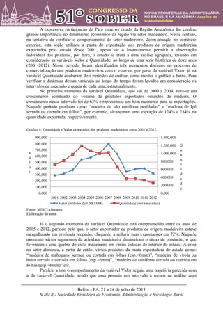 Belém - PA, 21 a 24 de julho de 2013
SOBER - Sociedade Brasileira de Economia, Administração e Sociologia Rural
A expressiva participação do Pará entre os estado da Região Amazônica lhe confere
grande importância no dinamismo econômico da região via setor madeireiro. Nesse sentido,
na tentativa de verificar o comportamento do setor madeireiro, 2com atuação no comércio
exterior, esta seção utilizou a pauta de exportação dos produtos de origem madeireira
exportados pelo estado desde 2001, apesar de o levantamento permitir a observação
individual dos produtos, por hora, o estudo se aterá a uma análise agrupada, levando em
consideração as variáveis Valor e Quantidade, ao longo de uma série histórica de doze anos
(2001-2012). Nesse período foram identificados três momentos distintos no processo de
comercialização dos produtos madeireiros com o exterior, por parte da variável Valor, já na
variável Quantidade couberam dois períodos de análise, como mostra o gráfico a baixo. Para
verificar a dinâmica dessas variáveis ao longo do tempo foram levados em consideração os
intervalos de ascensão e queda de cada uma, estruturalmente.
No primeiro momento da variável Quantidade, que vai de 2000 a 2004, nota-se um
crescimento acentuado do volume de produtos exportados oriundos da madeira. O
crescimento nesse intervalo foi de 63% e representou um bom momento para as exportações.
Naquele período produtos como “madeira de não coníferas perfiladas” e “madeira de Ipê
serrada ou cortada em folhas”, por exemplo, alcançaram uma elevação de 124% e 284% na
quantidade exportada, respectivamente.
Gráfico 4: Quantidade e Valor exportados dos produtos madeireiros entre 2001 e 2012.
Fonte: MDIC/Aliceweb.
Elaboração do autor.
Já o segundo momento da variável Quantidade está compreendido entre os anos de
2005 e 2012, período pelo qual o setor exportador de produtos de origem madeireira esteve
mergulhando em profunda recessão, chegando a reduzir suas exportações em 72%. Naquele
momento vários segmentos da atividade madeireira diminuíram o ritmo de produção, o que
favoreceu a uma quebra do ciclo madeireiro em várias cidades do interior do estado. A crise
no setor eliminou, a partir de então, vários produtos da pauta exportadora do estado como:
“madeira de mahogany serrada ou cortada em folhas (esp.>6mm)”, “madeira de virola ou
balsa serrada e cortada em folhas (esp.>6mm)”, “madeira de coníferas serrada ou cortada em
folhas (esp.>6mm)” etc.
Paralelo a isso o comportamento da variável Valor seguiu uma trajetória parecida com
a da variável Quantidade, sendo que essa possuiu um intervalo a menos na análise aqui
0,000
200,000
400,000
600,000
800,000
1.000,000
1.200,000
1.400,000
0,000
100,000
200,000
300,000
400,000
500,000
600,000
700,000
800,000
900,000
2001 2002 2003 2004 2005 2006 2007 2008 2009 2010 2011 2012
Q
u
a
n
t
i
d
a
d
e
V
a
l
o
r
Valor (milhões de US$ FOB) Quantidade (mil toneladas)
 