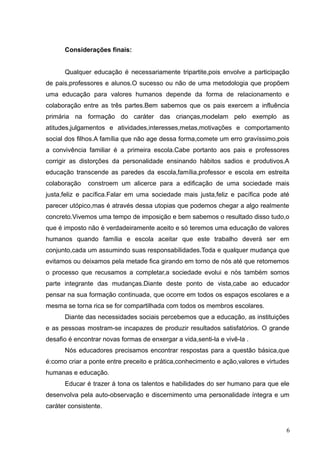 Considerações finais:


      Qualquer educação é necessariamente tripartite,pois envolve a participação
de pais,professores e alunos.O sucesso ou não de uma metodologia que propõem
uma educação para valores humanos depende da forma de relacionamento e
colaboração entre as três partes.Bem sabemos que os pais exercem a influência
primária na formação do caráter das crianças,modelam pelo exemplo as
atitudes,julgamentos e atividades,interesses,metas,motivações e comportamento
social dos filhos.A família que não age dessa forma,comete um erro gravíssimo,pois
a convivência familiar é a primeira escola.Cabe portanto aos pais e professores
corrigir as distorções da personalidade ensinando hábitos sadios e produtivos.A
educação transcende as paredes da escola,família,professor e escola em estreita
colaboração   constroem um alicerce para a edificação de uma sociedade mais
justa,feliz e pacífica.Falar em uma sociedade mais justa,feliz e pacífica pode até
parecer utópico,mas é através dessa utopias que podemos chegar a algo realmente
concreto.Vivemos uma tempo de imposição e bem sabemos o resultado disso tudo,o
que é imposto não é verdadeiramente aceito e só teremos uma educação de valores
humanos quando família e escola aceitar que este trabalho deverá ser em
conjunto,cada um assumindo suas responsabilidades.Toda e qualquer mudança que
evitamos ou deixamos pela metade fica girando em torno de nós até que retomemos
o processo que recusamos a completar,a sociedade evolui e nós também somos
parte integrante das mudanças.Diante deste ponto de vista,cabe ao educador
pensar na sua formação continuada, que ocorre em todos os espaços escolares e a
mesma se torna rica se for compartilhada com todos os membros escolares.
      Diante das necessidades sociais percebemos que a educação, as instituições
e as pessoas mostram-se incapazes de produzir resultados satisfatórios. O grande
desafio é encontrar novas formas de enxergar a vida,senti-la e vivê-la .
      Nós educadores precisamos encontrar respostas para a questão básica,que
é:como criar a ponte entre preceito e prática,conhecimento e ação,valores e virtudes
humanas e educação.
      Educar é trazer á tona os talentos e habilidades do ser humano para que ele
desenvolva pela auto-observação e discernimento uma personalidade íntegra e um
caráter consistente.


                                                                                   6
 