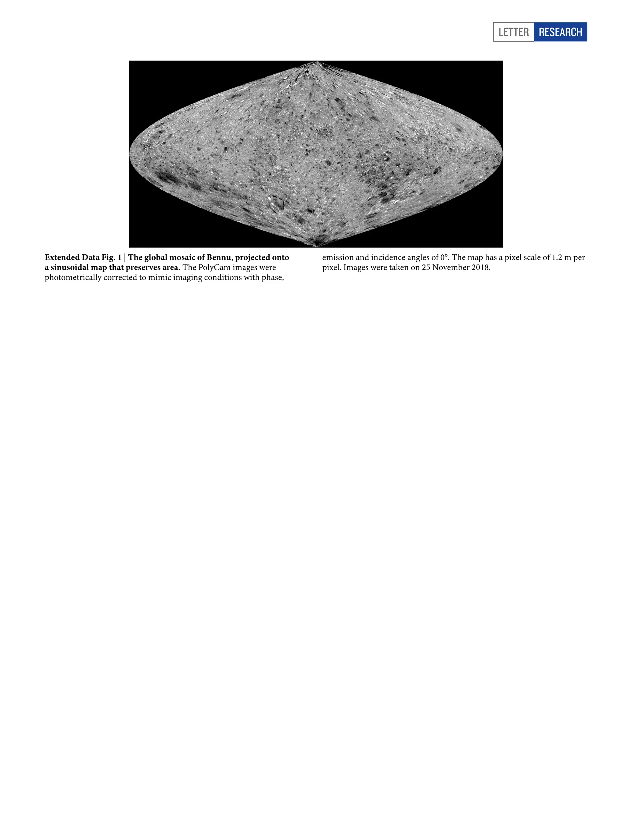 Letter RESEARCH
Extended Data Fig. 1 | The global mosaic of Bennu, projected onto
a sinusoidal map that preserves area. The PolyCam images were
photometrically corrected to mimic imaging conditions with phase,
emission and incidence angles of 0°. The map has a pixel scale of 1.2 m per
pixel. Images were taken on 25 November 2018.
 