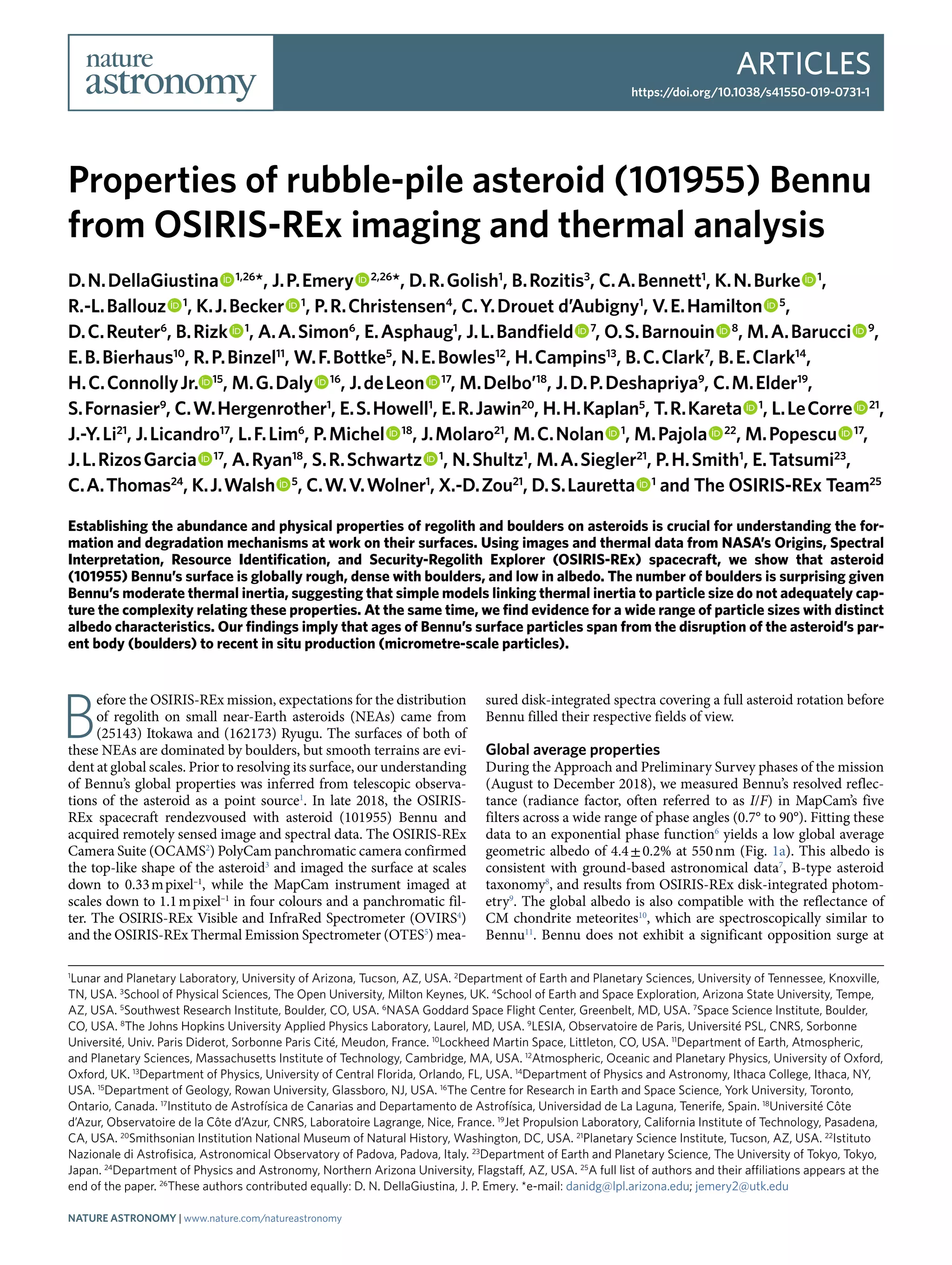 Properties of rubble-pile asteroid (101955) Bennu from OSIRIS-REx ...