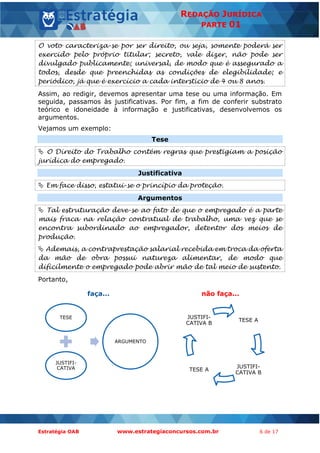 Estratégia OAB www.estrategiaconcursos.com.br 6 de 17
REDAÇÃO JURÍDICA
PARTE 01
O voto caracteriza-se por ser direito, ou seja, somente poderá ser
exercido pelo próprio titular; secreto, vale dizer, não pode ser
divulgado publicamente; universal, de modo que é assegurado a
todos, desde que preenchidas as condições de elegibilidade; e
periódico, já que é exercício a cada interstício de 4 ou 8 anos.
Assim, ao redigir, devemos apresentar uma tese ou uma informação. Em
seguida, passamos às justificativas. Por fim, a fim de conferir substrato
teórico e idoneidade à informação e justificativas, desenvolvemos os
argumentos.
Vejamos um exemplo:
Tese
 O Direito do Trabalho contém regras que prestigiam a posição
jurídica do empregado.
Justificativa
 Em face disso, estatui-se o princípio da proteção.
Argumentos
 Tal estruturação deve-se ao fato de que o empregado é a parte
mais fraca na relação contratual de trabalho, uma vez que se
encontra subordinado ao empregador, detentor dos meios de
produção.
 Ademais, a contraprestação salarial recebida em troca da oferta
da mão de obra possui natureza alimentar, de modo que
dificilmente o empregado pode abrir mão de tal meio de sustento.
Portanto,
faça... não faça...
TESE
JUSTIFI-
CATIVA
ARGUMENTO
TESE A
JUSTIFI-
CATIVA B
TESE A
JUSTIFI-
CATIVA B
 