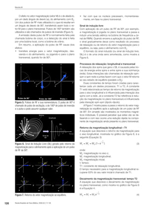 120 Revista Brasileira de Física Médica. 2009;3(1):117-29.
Mazzola AA
O efeito no vetor magnetização (vetor M) é o de afastá-lo,
por um dado ângulo de desvio (α), do alinhamento com B0
.
Um dos pulsos de RF mais utilizados é o que irá resultar em
um ângulo de desvio de 90º, transferindo assim todo o ve-
tor M para o plano transversal. Pulsos de 180º também são
utilizados e são chamados de pulsos de inversão (Figura 5).
A emissão deste pulso de RF é normalmente feita pela
chamada bobina de corpo, e a detecção do sinal é feita
por uma bobina local, como a bobina de crânio.
Em resumo, a aplicação do pulso de RF causa dois
efeitos:
•	 transfere energia para o vetor magnetização, des-
viando-o do alinhamento, ou jogando-o para o plano
transversal, quando for de 90º;
•	 faz com que os núcleos precessem, momentanea-
mente, em fase no plano transversal.
Sinal de indução livre
Com aplicação de um pulso de RF de 90º, por exemplo,
a magnetização é jogada no plano transversal e passa a
induzir uma tensão elétrica na bobina de frequência w (si-
nal de RMN). Quando encerra a aplicação do pulso de RF,
o sinal gradualmente decai como resultado do processo
de relaxação ou de retorno do vetor magnetização para o
equilíbrio, ou seja, para o alinhamento com B0
.
O formato do sinal induzido (ou sinal de indução livre,
SIL) é o de uma onda seno amortecida, como mostra a
Figura 6.
Processos de relaxação: longitudinal e transversal
A relaxação dos spins que gera o SIL é causada pelas tro-
cas de energia entre spins e entre spins e sua vizinhança
(rede). Estas interações são chamadas de relaxação spin-
spin e spin-rede e juntas fazem com que o vetor M retorne
ao seu estado de equilíbrio (paralelo a B0
).
Duas constantes de tempo foram criadas para carac-
terizar cada um destes processos: T1 e T2. A constante
T1 está relacionada ao tempo de retorno da magnetização
para o eixo longitudinal e é influenciada pela interação dos
spins com a rede. Já a constante T2 faz referência à redu-
ção da magnetização no plano transversal e é influenciada
pela interação spin-spin (dipolo-dipolo).
A Figura 7 mostra passo a passo o retorno do vetor mag-
netização ao equilíbrio após a aplicação de um pulso de RF
de 90º. Em amarelo são mostrados os momentos magné-
ticos individuais. É possível perceber que estes vão se de-
fasando e com isso ocorre uma redução rápida na compo-
nente de magnetização ainda presente no plano transversal.
Retorno da magnetização longitudinal – T1
A equação que descreve o retorno da magnetização para
o eixo longitudinal, mostrada no gráfico da Figura 8, é a
seguinte (Equação 3):
 (3)
onde:
MZ
: magnetização no eixo z;
ML
: magnetização longitudinal;
M0
: magnetização inicial;
t: tempo;
T1: constante de relaxação longitudinal.
O tempo necessário para a magnetização longitudinal re-
cuperar 63% do seu valor inicial é chamado de T1.
Decaimento da magnetização transversal: tempo T2
A equação que descreve o decaimento da magnetização
no plano transversal, como mostra no gráfico da Figura 9
é a Equação 4:
 (4)
Figura 5. Pulsos de RF e sua nomenclatura. O pulso de 90º é
chamado de pulso de excitação, o de 180º de pulso de inversão
e o pulso a pode assumir qualquer valor.
Figura 6. Sinal de Indução Livre (SIL) gerado pelo retorno da
magnetização para o alinhamento após a aplicação de um pulso
de RF de 90º.
Figura 7. Retorno do vetor magnetização ao equilíbrio.
 