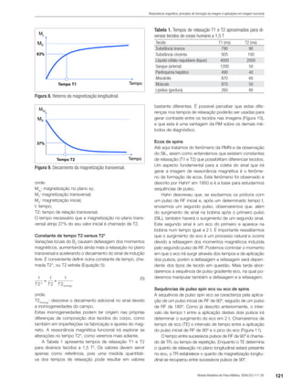 121Revista Brasileira de Física Médica. 2009;3(1):117-29.
Ressonância magnética: princípios de formação da imagem e aplicações em imagem funcional
onde:
Mxy
: magnetização no plano xy;
MT
: magnetização transversal;
M0
: magnetização inicial;
t: tempo;
T2: tempo de relação transversal.
O tempo necessário que a magnetização no plano trans-
versal atinja 37% do seu valor inicial é chamado de T2.
Constante de tempo T2 versus T2*
Variações locais do B0
causam defasagem dos momentos
magnéticos, aumentando ainda mais a relaxação no plano
transversal e acelerando o decaimento do sinal de indução
livre. É conveniente definir outra constante de tempo, cha-
mada T2*, ou T2 estrela (Equação 5):
 (5)
onde:
T2inomog.
: descreve o decaimento adicional no sinal devido
a inomogeneidades do campo.
Estas inomogeneidades podem ter origem nas próprias
diferenças de composição dos tecidos do corpo, como
também em imperfeições na fabricação e ajustes do mag-
neto. A ressonância magnética funcional irá explorar as
alterações no tempo T2*, como veremos mais adiante.
A Tabela 1 apresenta tempos de relaxação T1 e T2
para diversos tecidos a 1,5 T4
. Os valores devem servir
apenas como referência, pois uma medida quantitati-
va dos tempos de relaxação pode resultar em valores
Figura 8. Retorno da magnetização longitudinal.
Figura 9. Decaimento da magnetização transversal.
Tabela 1. Tempos de relaxação T1 e T2 aproximados para di-
versos tecidos do corpo humano a 1,5 T
Tecido T1 (ms) T2 (ms)
Substância branca 790 90
Substância cinzenta 920 100
Líquido céfalo-raquidiano (líquor) 4000 2000
Sangue (arterial) 1200 50
Parênquima hepático 490 40
Miocárdio 870 60
Músculo 870 50
Lipídios (gordura) 260 80
bastante diferentes. É possível perceber que estas dife-
renças nos tempos de relaxação poderão ser usadas para
gerar contraste entre os tecidos nas imagens (Figura 10),
e que esta é uma vantagem da RM sobre os demais mé-
todos de diagnóstico.
Ecos de spins
Até aqui tratamos do fenômeno da RMN e da observação
do SIL, assim como entendemos que existem constantes
de relaxação (T1 e T2) que possibilitam diferenciar tecidos.
Um aspecto fundamental para a coleta do sinal que irá
gerar a imagem de ressonância magnética é o fenôme-
no de formação de ecos. Este fenômeno foi observado e
descrito por Hahn5
em 1950 e é a base para estudarmos
sequências de pulso.
Hahn descreveu que, se excitarmos os prótons com
um pulso de RF inicial e, após um determinado tempo t,
enviarmos um segundo pulso, observaremos que, além
do surgimento de sinal na bobina após o primeiro pulso
(SIL), também haverá o surgimento de um segundo sinal.
Este segundo sinal é um eco do primeiro e aparece na
bobina num tempo igual a 2 t. É importante ressaltarmos
que o surgimento do eco é um processo natural e ocorre
devido a refasagem dos momentos magnéticos induzida
pelo segundo pulso de RF. Podemos controlar o momento
em que o eco irá surgir através dos tempos e de aplicação
dos pulsos, porém a defasagem e refasagem será depen-
dente dos tipos de tecido em questão. Mais tarde abor-
daremos a sequência de pulso gradiente eco, na qual po-
deremos manipular também a defasagem e a refasagem.
Sequências de pulso spin eco ou eco de spins
A sequência de pulso spin eco se caracteriza pela aplica-
ção de um pulso inicial de RF de 90º, seguido de um pulso
de RF de 180º. Como já descrito anteriormente, o inter-
valo de tempo t entre a aplicação destes dois pulsos irá
determinar o surgimento do eco em 2 t. Chamaremos de
tempo de eco (TE) o intervalo de tempo entre a aplicação
do pulso inicial de RF de 90º e o pico do eco (Figura 11).
O tempo entre sucessivos pulsos de RF de 90º é chama-
do de TR, ou tempo de repetição. Enquanto o TE determina
o quanto de relaxação no plano longitudinal estará presente
no eco, o TR estabelece o quanto de magnetização longitu-
dinal se recuperou entre sucessivos pulsos de 90º.
 