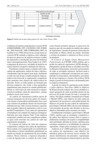 450 Oliveira et al.                                                     Gest. Prod., São Carlos, v. 17, n. 3, p. 447-463, 2010




Figura 2. Subdivisão de uma cadeia genérica de valor. Fonte: Porter (1989).



a influência da logística integrada para o conceito SCM        como função primária integrar os processos de
(CHRISTOPHER, 1997; CAVINATO, 1999; WOOD                       negócios que são executados no âmbito das cadeias
JR., 2004; BALLOU, 2006; CORONADO, 2007). Já                   de suprimentos, atuando do primeiro fornecedor do
Lambert et al. (1998) oferecem um escopo maior ao              fornecedor ao último cliente do cliente, incluindo
conceito SCM, tratando a logística como subgrupo               o retorno de produtos e materiais no fluxo reverso
de apoio aos processos de negócios extensos à cadeia           de produção.
de suprimentos e interligados por meio de fronteiras              O Council of Supply Chain Management
intra e interorganizacionais. Para Cooper et al. (1997)        Professionals ou CSCMP (2005) definiu que a
a integração de processos e atividades de negócios na          gestão da cadeia de suprimentos (SCM) abrange o
cadeia logística extrapola a definição de logística.           planejamento e gestão de todas as atividades envolvidas
    É pertinente esclarecer quais as relações entre redes,     na obtenção e fornecimento, conversão e gerenciamento
cadeias de suprimentos, cadeias de valor e logística,          de todas as atividades logísticas. Incluem ainda a
considerando o que foi exposto nesta seção. Atualmente         coordenação e colaboração com parceiros nos canais,
as redes são mais do que a simples junção de empresas,         podendo ser fornecedores, intermediários, provedores
todavia uma forma de as organizações competirem                de serviços logísticos e clientes. Em essência, SCM
para aumentar suas chances de sobrevivência no                 integra a gestão do fornecimento e da demanda entre
mercado. Assim, as redes podem ser formadas por                as empresas integrantes.
diversas empresas, não sendo o fator geográfico                   A gestão da cadeia de suprimentos pode atender
impedimento para atuarem no mundo globalizado.                 a vários objetivos. Para Pires (2004) os objetivos
Dentre os vários tipos de redes destacam-se alguns:            SCM passam pela redução dos custos produtivos e
consórcio modular, cadeia de suprimentos , arranjo             maior agregação de valor ao produto através de um
produtivo local, entre outros.                                 processo de gestão focado em toda a extensão da
    As cadeias de suprimentos podem operar de                  cadeia. Percepção também sustentada por Chopra
maneira integrada em diversas partes do mundo,                 e Meindl (2003), cujo objetivo de toda cadeia de
com clientes e fornecedores globalizados, bem como             suprimento é de maximizar o valor global gerado. Os
seus sistemas de produção através da terceirização             objetivos de gestão de uma cadeia de suprimentos,
(Globalsourcing). Não existem fronteiras espaciais             para Chopra e Meindl (2003), devem estar alinhados
para as grandes cadeias de suprimentos, como é o caso          com princípios de gestão, não obstante os diversos
da Dell Computadores. Uma cadeia de suprimentos                objetivos defendidos pelos membros da cadeia.
é formada por um conjunto de empresas estratégicas                O alinhamento estratégico, para Chopra e Meindl
lideradas por uma empresa líder. Cada empresa                  (2003), significa que as estratégias, competitiva e
componente contribui com suas competências centrais,           da cadeia, têm objetivos comuns. Para os autores o
as quais estão inseridas nas cadeias de valor das              alinhamento estratégico diz respeito à compatibilidade
organizações arranjadas.                                       entre prioridades advindas do cliente, satisfeitas pela
    O conjunto de cadeias de valor das empresas                estratégia competitiva, e às habilidades da cadeia de
componentes configura uma cadeia de suprimentos.               suprimento, criadas pelas estratégias da cadeia.
Nesse sentido, esse conjunto pode ser constituído por             Anderson et al. (2000) aplicaram uma pesquisa
fornecedores e clientes distribuídos globalmente no            em cadeias de suprimentos, cujo objetivo foi
mundo em função do atendimento de necessidades                 identificar práticas de sucessos nesses arranjos. Os
mútuas. Nesse contexto, a logística integrada é                autores identificaram sete princípios: segmentação
a área de ligação entre as cadeias de valor, tendo             logística; customização do sistema logístico; previsão
 