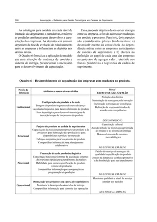 358                     Assumpção – Reflexão para Gestão Tecnológica em Cadeias de Suprimento



    As estratégias para conduta em cada nível de              Essa proposta objetiva desenvolver sinergia
interação são dependentes e cumulativas, conforme          entre as empresa, a fim de acomodar mudanças
as condições ambientais para desenvolver a capa-           em produto e processo. Para isso, dois aspectos
citação das empresas. As decisões em comum                 são considerados pilares fundamentais: a)
dependem da fase de evolução do relacionamento             desenvolvimento da consciência da depen-
entre as empresas e influenciam as decisões nos            dência mútua entre as empresas participantes
demais níveis.                                             de cadeias de suprimento e b) clareza na
    O Quadro 6 formaliza a aplicação do modelo             definição do papel de cada uma das empresas
em uma situação de mudança de produto e                    no processo de agregar valor, retratado nos
sistema de entrega, prescrevendo o necessário              fluxos produtivos e logísticos da cadeia de
para o desenvolvimento da capacitação.                     suprimento.



      Quadro 6 – Desenvolvimento de capacitação das empresas com mudança no produto.

  Níveis de                                                                          Meta/
                          Atributos a serem desenvolvidos
  interação                                                                   ESTRUTURA DE DECISÃO
                                                                                  Proteção dos direitos
                                                                         Sustentação da vantagem pela inovação
                          Configuração do produto e da rede
                                                                          Exploração e prospecção tecnológica
                    Imagem do produto/segmento de mercado/preço
 Institucional                                                             Definição de responsabilidades de
                 Legislação/requisitos para desenvolvimento do produto          acordo com competências
                    Base tecnológica para desenvolvimento/grau de
                        inovação/tempo de lançamento do produto

                                                                                   DECOMPOSIÇÃO
                                                                                Capacitação cultural
                    Projeto do produto na cadeia de suprimentos
                                                                       Adoção/difusão de tecnologia apropriada
                 Capacitação de posicionamento/projeto do produto e de    ao produto e ao sistema de entrega
                     processos para fabricação (co-produção) e para
                                                                           Desenvolvimento de estrutura
  Relacional              disponibilizar o produto no mercado
                                                                                    mercadológica
                    Esforços conjuntos para lançamento do produto
                      Compartilhar informação para planejamento
                                      colaborativo
                                                                             MULTIFOCAL EM REDE
                                                                            Padrão do serviço de entrega e de
                       Formação da rede produtiva/logística                 qualidade/especificação do produto
                 Capacitação funcional/sistemas de qualidade, sistemas   Gestão da demanda e do fluxo produtivo
                   de respostas rápidas para atendimento de pedidos       e de distribuição para seu atendimento
  Processual       Habilidade para variar especificação do produto,
                                  volume de produção
                     Compartilhar informação para cooperação na
                               programação da produção
                                                                                MULTIFOCAL EM REDE
                                                                          Monitorar qualidade e nível de serviço
                 Otimização dos processos da cadeia de suprimentos                Atender aos pedidos
 Operacional        Monitorar o desempenho dos ciclos de entrega
                 Compartilhar informação para controle das operações
                                                                                MULTIFOCAL SIMPLES
 