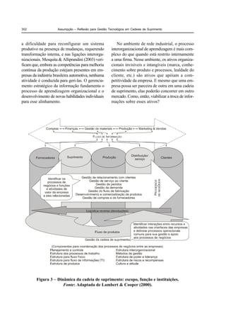 352                  Assumpção – Reflexão para Gestão Tecnológica em Cadeias de Suprimento



a dificuldade para reconfigurar um sistema                  No ambiente de rede industrial, o processo
produtivo na presença de mudanças, requerendo           interorganizacional de aprendizagem é mais com-
transformação interna, e nas ligações interorga-        plexo do que quando está restrito internamente
nizacionais. Mesquita & Alliprandini (2003) veri-       a uma firma. Nesse ambiente, os ativos organiza-
ficam que, embora as competências para melhoria         cionais invisíveis e intangíveis (marca, conhe-
contínua da produção estejam presentes em em-           cimento sobre produto e processos, lealdade do
presas da indústria brasileira automotiva, nenhuma      cliente, etc.) são ativos que apóiam a com-
atividade é conduzida para geri-las. O gerencia-        petitividade da empresa. E mesmo que uma em-
mento estratégico da informação fundamenta o            presa possa ser parceira de outra em uma cadeia
processo de aprendizagem organizacional e o             de suprimento, elas poderão concorrer em outro
desenvolvimento de novas habilidades individuais        mercado. Como, então, viabilizar a troca de infor-
para esse alinhamento.                                  mações sobre esses ativos?




         Figura 3 – Dinâmica da cadeia de suprimento: escopo, função e instituições.
                       Fonte: Adaptada de Lambert & Cooper (2000).
 