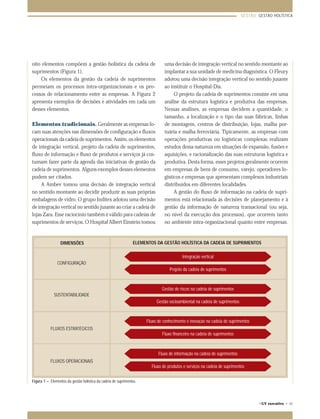 GESTÃO: GESTÃO HOLÍSTICA




oito elementos compõem a gestão holística da cadeia de                         uma decisão de integração vertical no sentido montante ao
suprimentos (Figura 1).                                                        implantar a sua unidade de medicina diagnóstica. O Fleury
    Os elementos da gestão da cadeia de suprimentos                            adotou uma decisão integração vertical no sentido jusante
permeiam os processos intra-organizacionais e os pro-                          ao instituir o Hospital-Dia.
cessos de relacionamento entre as empresas. A Figura 2                              O projeto da cadeia de suprimentos consiste em uma
apresenta exemplos de decisões e atividades em cada um                         análise da estrutura logística e produtiva das empresas.
desses elementos.                                                              Nessas análises, as empresas decidem a quantidade, o
                                                                               tamanho, a localização e o tipo das suas fábricas, linhas
Elementos tradicionais. Geralmente as empresas fo-                             de montagem, centros de distribuição, lojas, malha por-
cam suas atenções nas dimensões de conﬁguração e ﬂuxos                         tuária e malha ferroviária. Tipicamente, as empresas com
operacionais da cadeia de suprimentos. Assim, os elementos                     operações produtivas ou logísticas complexas realizam
de integração vertical, projeto da cadeia de suprimentos,                      estudos dessa natureza em situações de expansão, fusões e
ﬂuxo de informação e ﬂuxo de produtos e serviços já cos-                       aquisições, e racionalização das suas estruturas logística e
tumam fazer parte da agenda das iniciativas de gestão da                       produtiva. Desta forma, esses projetos geralmente ocorrem
cadeia de suprimentos. Alguns exemplos desses elementos                        em empresas de bens de consumo, varejo, operadores lo-
podem ser citados.                                                             gísticos e empresas que apresentam complexos industriais
     A Ambev tomou uma decisão de integração vertical                          distribuídos em diferentes localidades.
no sentido montante ao decidir produzir as suas próprias                            A gestão do ﬂuxo de informação na cadeia de supri-
embalagens de vidro. O grupo Inditex adotou uma decisão                        mentos está relacionada às decisões de planejamento e à
de integração vertical no sentido jusante ao criar a cadeia de                 gestão da informação de natureza transacional (ou seja,
lojas Zara. Esse raciocínio também é válido para cadeias de                    no nível da execução dos processos), que ocorrem tanto
suprimentos de serviços. O Hospital Albert Einstein tomou                      no ambiente intra-organizacional quanto entre empresas.


                  DIMENSÕES                                    ELEMENTOS DA GESTÃO HOLÍSTICA DA CADEIA DE SUPRIMENTOS

                                                                                        Integração vertical
                CONFIGURAÇÃO
                                                                                 Projeto da cadeia de suprimentos



                                                                             Gestão de riscos na cadeia de suprimentos
             SUSTENTABILIDADE
                                                                          Gestão socioambiental na cadeia de suprimentos



                                                                     Fluxo de conhecimento e inovação na cadeia de suprimentos
           FLUXOS ESTRATÉGICOS
                                                                             Fluxo ﬁnanceiro na cadeia de suprimentos



                                                                           Fluxo de informação na cadeia de suprimentos
           FLUXOS OPERACIONAIS
                                                                       Fluxo de produtos e serviços na cadeia de suprimentos


Figura 1 – Elementos da gestão holística da cadeia de suprimentos.




                                                                                                                                   ©GV   executivo • 45
 