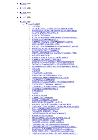  ► 2018 (516)
 ► 2017 (493)
 ► 2016 (516)
 ► 2015 (822)
 ▼ 2014 (130)
o ▼ dezembro (130)
 FELIZ 2015
 EDUCAÇÃO PARA O TRÂNSITO PARA PESSOAS AUTISTAS
 ATIVIDADES DA GALINHA PINTADINHA (LETRAS E NÚMEROS)
 ALFABETO GALINHA PINTADINHA 3
 ALFABETO PONTILHADO
 ALFABETO DA GALINHA PINTADINHA (PONTILHADO GRANDE ...
 ATIVIDADES DO PINGUIM DE NATAL
 AUTISMO E EDUCAÇÃO - ORIENTAÇÕES EDUCACIONAIS
 NÚMEROS ATÉ 5 (PINGUIM DE NATAL)
 AUTISMO: ESTRATÉGIAS PARA O DESENVOLVIMENTO DA COM...
 AS VOGAIS (CADERNO DE ATIVIDADES)
 O AUTISMO E A ARTE (ARTETERAPIA)
 A TERAPIA COM CÃES É UMA DAS PERSPECTIVAS QUE PODE...
 AUTISMO E ADAPTAÇÃO
 AUTISMO E ADAPTAÇÃO NA EDUCAÇÃO INFANTIL
 AUTISMO E A ATUAÇÃO DO PROFESSOR
 CADERNO DE PLANEJAMENTO DE ATIVIDADES MOTORAS
 CADERNO DE PLANEJAMENTO DE ATIVIDADES MOTORAS
 SINTOMAS E CARACTERÍSTICAS COMUNS DO TRANSTORNO AU...
 O de OLHO
 M de MEIA
 LETRAMENTO E AUTISMO 2
 BORBOLETA (CORES E FORMA CIRCULAR)
 LUVA AZUL DE NATAL COM LETRAS DO ALFABETO
 LETRAMENTO E AUTISMO SHDI
 CADERNO DE PLANEJAMENTO DE ATIVIDADES MOTORAS
 TEACCH - PERCEPÇÃO VISUAL - AS CORES
 LETRAMENTO E AUTISMO - SILABAS SIMPLES
 ESCRITA DAS LETRAS DO ALFABETO
 TE AMO FILHO!
 TEACCH
 AUTISMO E LEITURA
 QUEBRA-CABEÇA NATALINO
 CELEBRE CADA PEQUENA VITÓRIA!
 IDENTIFICANDO OS NÚMEROS 1, 2, 3 E 5
 AUTISMO E EDUCAÇÃO - COLEÇÃO PLANEJAMENTOS
 TRABALHANDO COM MATERIAL CONCRETO OS NÚMEROS ATÉ 9
 PECS - FÉRIAS ESCOLARES E AUTISMO
 PAREAMENTO DE CORES E FORMAS
 PSICOMOTRICIDADE E AUTISMO (ATIVIDADES)
 ATIVIDADES DIVERSIFICADAS
 ARTE EDUCAÇÃO - O PATO E OS NÚMEROS DE 0 A 9
 A BORBOLETA (CORES E FORMA CIRCULAR)
 EDUCAÇÃO SENSORIAL - BALÃO DIVERTIDO
 CURSOS ON LINE COM SIMONE HELEN DRUMOND
 CURSOS ON LINE COM CERTIFICADO E APOSTILAS DE SIMO...
 Curso Online de AUTISMO E AFETIVIDADE -A terapia c...
 CURSO: TODOS JUNTOS POR UMA EDUCAÇÃO INCLUSIVA.
 CURSO - PSICOMOTRICIDADE E AUTISMO: TRABALHANDO O ...
 