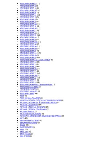  ATIVIDADES LETRA Ch (21)
 ATIVIDADES LETRA Cl (1)
 ATIVIDADES LETRA Cr (3)
 ATIVIDADES LETRA Dd (58)
 ATIVIDADES LETRA Dr (2)
 ATIVIDADES LETRA Ee (33)
 ATIVIDADES LETRA Ff (75)
 ATIVIDADES LETRA Fl (4)
 ATIVIDADES LETRA Fr (2)
 ATIVIDADES LETRA Gg (73)
 ATIVIDADES LETRA Gr (2)
 ATIVIDADES LETRA Hh (21)
 ATIVIDADES LETRA Ii (16)
 ATIVIDADES LETRA Jj (43)
 ATIVIDADES LETRA Kk (12)
 ATIVIDADES LETRA LH (1)
 ATIVIDADES LETRA Ll (59)
 ATIVIDADES LETRA Mm (53)
 ATIVIDADES LETRA NH (2)
 ATIVIDADES LETRA Nn (19)
 ATIVIDADES LETRA Oo (32)
 ATIVIDADES LETRA PL (1)
 ATIVIDADES LETRA Pp (115)
 ATIVIDADES LETRA Qq (6)
 ATIVIDADES LETRA Rr (46)
 ATIVIDADES LETRA SAR SER SIR SOR SUR (1)
 ATIVIDADES LETRA Ss (58)
 ATIVIDADES LETRA Tr (3)
 ATIVIDADES LETRA Tt (37)
 ATIVIDADES LETRA Uu (32)
 ATIVIDADES LETRA Vr (2)
 ATIVIDADES LETRA Vv (24)
 ATIVIDADES LETRA Ww (4)
 ATIVIDADES LETRA Xx (22)
 ATIVIDADES LETRA Yy (6)
 ATIVIDADES LETRA Zz (37)
 ATIVIDADES LETRAS CHA CHE CHI CHO CHU (2)
 ATIVIDADES PARA BEBÊS (4)
 ATIVIDADES PRONTAS (6)
 ATIVIDADES SAPINHOS (9)
 ATIVIDADES SONIC (64)
 AULA (9)
 AULA EM CASA AMAZONAS (8)
 AULAS PRATICAS DO PROJETO: AUTISMO E EDUCAÇÃO (3)
 AUTISMO E A CONSTRUÇÃO DO CONHECIMENTO (2)
 AUTISMO E EDUCAÇÃO. (14)
 AUTISMO E TÉCNICAS DE ADIÇÃO (17)
 AUTISMO E TERAPIA COM ANIMAIS (2)
 AUTISMO INFANTIL (5)
 AUTISMUS UND ERZIEHUNG (5)
 AUTORIA DE SIMONE HELEN DRUMOND INSCHKANIAN (38)
 AUTS (20)
 BAIXA VISÃO ATIVIDADES (3)
 BERÇÁRIO ATIVIDADES (6)
 BINGO (13)
 BLAZE MONSTER (5)
 BNCC (27)
 BNCC O EU (9)
 BNCC TRAÇOS (3)
 BOB O TREM (3)
 