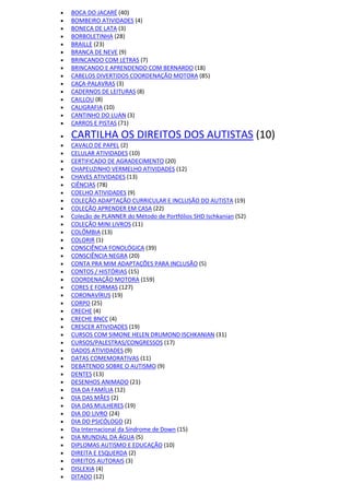  BOCA DO JACARÉ (40)
 BOMBEIRO ATIVIDADES (4)
 BONECA DE LATA (3)
 BORBOLETINHA (28)
 BRAILLE (23)
 BRANCA DE NEVE (9)
 BRINCANDO COM LETRAS (7)
 BRINCANDO E APRENDENDO COM BERNARDO (18)
 CABELOS DIVERTIDOS COORDENAÇÃO MOTORA (85)
 CAÇA-PALAVRAS (3)
 CADERNOS DE LEITURAS (8)
 CAILLOU (8)
 CALIGRAFIA (10)
 CANTINHO DO LUAN (3)
 CARROS E PISTAS (71)
 CARTILHA OS DIREITOS DOS AUTISTAS (10)
 CAVALO DE PAPEL (2)
 CELULAR ATIVIDADES (10)
 CERTIFICADO DE AGRADECIMENTO (20)
 CHAPEUZINHO VERMELHO ATIVIDADES (12)
 CHAVES ATIVIDADES (13)
 CIÊNCIAS (78)
 COELHO ATIVIDADES (9)
 COLEÇÃO ADAPTAÇÃO CURRICULAR E INCLUSÃO DO AUTISTA (19)
 COLEÇÃO APRENDER EM CASA (22)
 Coleção de PLANNER do Método de Portfólios SHD Ischkanian (52)
 COLEÇÃO MINI LIVROS (11)
 COLÔMBIA (13)
 COLORIR (1)
 CONSCIÊNCIA FONOLÓGICA (39)
 CONSCIÊNCIA NEGRA (20)
 CONTA PRA MIM ADAPTAÇÕES PARA INCLUSÃO (5)
 CONTOS / HISTÓRIAS (15)
 COORDENAÇÃO MOTORA (159)
 CORES E FORMAS (127)
 CORONAVÍRUS (19)
 CORPO (25)
 CRECHE (4)
 CRECHE BNCC (4)
 CRESCER ATIVIDADES (19)
 CURSOS COM SIMONE HELEN DRUMOND ISCHKANIAN (31)
 CURSOS/PALESTRAS/CONGRESSOS (17)
 DADOS ATIVIDADES (9)
 DATAS COMEMORATIVAS (11)
 DEBATENDO SOBRE O AUTISMO (9)
 DENTES (13)
 DESENHOS ANIMADO (21)
 DIA DA FAMÍLIA (12)
 DIA DAS MÃES (2)
 DIA DAS MULHERES (19)
 DIA DO LIVRO (24)
 DIA DO PSICÓLOGO (2)
 Dia Internacional da Síndrome de Down (15)
 DIA MUNDIAL DA ÁGUA (5)
 DIPLOMAS AUTISMO E EDUCAÇÃO (10)
 DIREITA E ESQUERDA (2)
 DIREITOS AUTORAIS (3)
 DISLEXIA (4)
 DITADO (12)
 
