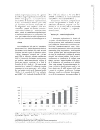 1333
Ciência&SaúdeColetiva,21(5):1327-1338,2016
ausência ou presença de doença, (iii) a garantia
de cuidado integral a partir da consideração dos
âmbitos físicos, psíquicos e sociais da saúde den-
tro dos limites de atuação das equipes de saúde,
e, (iv) a coordenação das diversas ações e servi-
ços necessários para resolver necessidades me-
nos frequentes e mais complexas. Além disso,
contemplava também três atributos “derivados”:
(i) a orientação familiar, (ii) a orientação comu-
nitária, através do conhecimento epidemiológico
de determinada localidade, (iii) competência cul-
tural, que se refere à relação entre os profissionais
de saúde com características culturais específicas.
Acesso
Em dezembro de 2008, das 163 equipes re-
gistradas no CNES, apenas 68 possuíam médicos
em visita de campo realizada pela SMS. Se consi-
derarmos que cada Equipe de Saúde da Família
(ESF) era responsável em média por 3.450 pes-
soas (valor de referência utilizado à época pelo
DAB/SAS/Ministério da Saúde), encontraremos
um total de 234.600 usuários com médicos de
família em equipes completas. Já ao final de
dezembro de 2013, havia 813 ESF, ou seja, pelo
mesmo critério, mais de 2,5 milhões de cariocas
passaram a ter acesso aos serviços e ações realiza-
dos por equipes completas de Saúde da Família
(Gráfico 1). Já em maio de 2015, este total atin-
giu 860 ESF e 346 Equipes de Saúde Bucal (ESB).
Desse total, estão incluídas as 732 novas ESF e
285 ESB, nas 76 Clínicas da Família implantadas
entre 200935,36
e meados de 2015 (Tabela 1).
Essa expansão vem sendo acompanhada de
aumento sem precedentes do número de pro-
cedimentos ambulatoriais, chegando a um cres-
cimento de 535,4% entre 2009 e 2013 (média
mensal passou de 21.054 para 133.777 procedi-
mentos/exames)
Vinculação e cuidado longitudinal
O município experimentou na década de
1970 uma forte territorialização dos serviços de
atenção primária, tendo uma unidade de saúde
para cada Região Administrativa da Cidade.Con-
tudo, com o passar do tempo, até 2008, a vincu-
lação de cada pessoa a uma unidade de saúde foi
se tornando quase inexistente e o usuário podia
acessar qualquer uma sem diferenciação entre
os níveis de complexidade. Unidades de atenção
primária não tinham qualquer fluxo de enca-
minhamento ou coordenação de cuidado para
exames um pouco mais complexos. A inexistên-
cia de responsável pela coordenação do cuidado
vinha então gerando diversas distorções no sis-
tema. A migração desordenada dos usuários em
busca dos serviços de saúde agravava ainda mais
o tempo de espera para atendimento. Hospitais
altamente complexos realizavam desordenada-
mente desde exames mais simples, como Raio-X
Gráfico 1. Evolução da coberta populacional de equipes completas de Saúde da Família e número de equipes
projetadas Rio de Janeiro – 2008 – 2016*
.
*
Projeção a partir do Planejamento Estratégico da Prefeitura.
Fonte: DAB/SAS/Ministério da Saúde4
e IBGE, população-residente estimada por ano.
Obs: Foi considerado o mês de referência de dezembro para representar a cobertura populacional (%) de cada ano.
0 0,0
200 10,0
400
600
800
1000
1200
20,0
30,0
40,0
50,0
60,0
70,0
80,070,0
55,0
45,0
42,8
39,8
27,6
14,89,2
3,5
2016*
20152014201320122011201020092008
Número de Equipes de Saúde da Família (%) Cobertura populacional
 