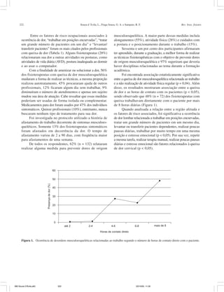 222 Souza d´Ávila, L., Fraga Sousa, G. A. e Sampaio, R. F. Rev. bras. fisioter.
Entre os fatores de risco ocupacionais associados à
ocorrência de dor, “trabalhar em posições encurvadas”, “tratar
um grande número de pacientes em um dia” e “levantar/
transferir pacientes” foram os mais citados pelos profissionais
com queixa de dor (Tabela 1). Alguns fisioterapeutas (28%)
relacionaram sua dor a outras atividades ou posturas, como
atividades de vida diária (AVD), postura inadequada ao dormir
e ao usar o computador.
Com a finalidade de amenizar ou solucionar a dor, 56%
dos fisioterapeutas com queixa de dor musculoesquelética
mudaram a forma de realizar as técnicas, a mesma proporção
realizou autotratamento, 45% procuraram ajuda de outros
profissionais, 12% ficaram algum dia sem trabalhar, 9%
diminuíram o número de atendimentos e apenas um sujeito
mudou sua área de atuação. Cabe ressaltar que essas medidas
poderiam ser usadas de forma isolada ou complementar.
Medicamentos para dor foram usados por 47% dos indivíduos
sintomáticos. Quinze profissionais (10%), entretanto, nunca
buscaram nenhum tipo de tratamento para sua dor.
Foi investigada no protocolo utilizado a história de
afastamento do trabalho decorrente de sintomas musculoes-
queléticos. Somente 13% dos fisioterapeutas sintomáticos
foram afastados em decorrência da dor. O tempo de
afastamento variou de 2 a 90 dias, com freqüência maior
para afastamentos de uma semana.
De todos os respondentes, 62% (n = 132) relataram
realizar alguma medida para prevenir dores de origem
musculoesquelética. A maior parte dessas medidas incluía
alongamentos (55%), atividade física (28%) e cuidados com
a postura e o posicionamento durante o trabalho (15%).
Sessenta e um por cento dos participantes afirmaram
ter aprendido, durante a graduação, a melhor forma de realizar
as técnicas fisioterapêuticas com o objetivo de prevenir dores
de origem musculoesquelética e 97% sugeriram que deveria
haver disciplinas relacionadas ao tema durante a formação
acadêmica.
Foi encontrada associação estatisticamente significativa
entre a queixa de dor musculoesquelética relacionada ao trabalho
e a não realização de atividade física regular (p = 0,04). Além
disso, os resultados mostraram associação entre a queixa
de dor e as horas de contato com os pacientes (p < 0,05),
sendo observado que 48% (n = 72) dos fisioterapeutas com
queixa trabalhavam diretamente com o paciente por mais
de 8 horas diárias (Figura 1).
Quando analisada a relação entre a região afetada e
os fatores de risco associados, foi significativa a ocorrência
de dor lombar relacionada a trabalhar em posições encurvadas,
tratar um grande número de pacientes em um mesmo dia,
levantar ou transferir pacientes dependentes, realizar poucas
pausas diárias, trabalhar por muito tempo em uma mesma
posição e estresse emocional (p < 0,05). Por sua vez, repetir
a mesma tarefa, realizar terapia manual, realizar poucas pausas
diárias e estresse emocional são fatores relacionados à queixa
de dor cervical (p < 0,05).
0
10
20
30
40
50
60
até 2 2-4 4-6 6-8 mais de 8
Horas de contato direto
Presençadedor(%)
Figura 1. Ocorrência de desordens musculoesqueléticas relacionadas ao trabalho segundo o número de horas de contato direto com o paciente.
080 Souza D'Ávila.p65 03/10/05, 11:26222
 