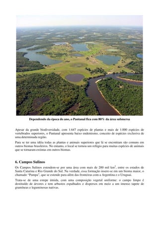 Dependendo da época do ano, o Pantanal fica com 80% da área submersa


Apesar da grande biodiversidade, com 1.647 espécies de plantas e mais de 1.000 espécies de
vertebrados superiores, o Pantanal apresenta baixo endemismo, conceito de espécies exclusiva de
uma determinada região.
Para se ter uma idéia todas as plantas e animais superiores que lá se encontram são comuns em
outros biomas brasileiros. No entanto, o local se tornou um refúgio para muitas espécies de animais
que se tornaram extintas em outros biomas.


6. Campos Sulinos
Os Campos Sulinos estendem-se por uma área com mais de 200 mil km2, entre os estados de
Santa Catarina e Rio Grande do Sul. Na verdade, essa formação insere-se em um bioma maior, o
chamado “Pampa”, que se estende para além das fronteiras com a Argentina e o Uruguai.
Trata-se de uma estepe úmida, com uma composição vegetal uniforme: o campo limpo é
destituído de árvores e tem arbustos espalhados e dispersos em meio a um imenso tapete de
gramíneas e leguminosas nativas.
 