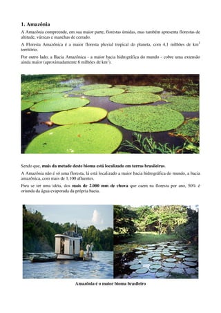 1. Amazônia
A Amazônia compreende, em sua maior parte, florestas úmidas, mas também apresenta florestas de
altitude, várzeas e manchas de cerrado.
A Floresta Amazônica é a maior floresta pluvial tropical do planeta, com 4,1 milhões de km2
território.
Por outro lado, a Bacia Amazônica - a maior bacia hidrográfica do mundo - cobre uma extensão
ainda maior (aproximadamente 6 milhões de km2).




Sendo que, mais da metade deste bioma está localizado em terras brasileiras.
A Amazônia não é só uma floresta, lá está localizado a maior bacia hidrográfica do mundo, a bacia
amazônica, com mais de 1.100 afluentes.
Para se ter uma idéia, dos mais de 2.000 mm de chuva que caem na floresta por ano, 50% é
oriunda da água evaporada da própria bacia.




                             Amazônia é o maior bioma brasileiro
 