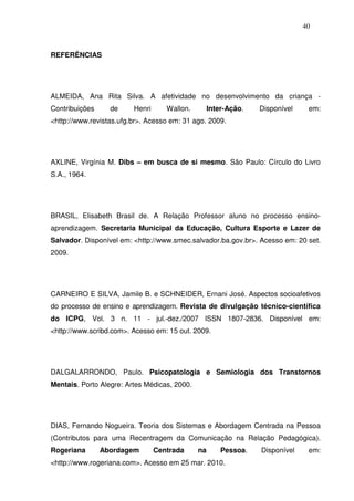 40
REFERÊNCIAS
ALMEIDA, Ana Rita Silva. A afetividade no desenvolvimento da criança -
Contribuições de Henri Wallon. Inter-Ação. Disponível em:
<http://www.revistas.ufg.br>. Acesso em: 31 ago. 2009.
AXLINE, Virgínia M. Dibs – em busca de si mesmo. São Paulo: Círculo do Livro
S.A., 1964.
BRASIL, Elisabeth Brasil de. A Relação Professor aluno no processo ensino-
aprendizagem. Secretaria Municipal da Educação, Cultura Esporte e Lazer de
Salvador. Disponível em: <http://www.smec.salvador.ba.gov.br>. Acesso em: 20 set.
2009.
CARNEIRO E SILVA, Jamile B. e SCHNEIDER, Ernani José. Aspectos socioafetivos
do processo de ensino e aprendizagem. Revista de divulgação técnico-científica
do ICPG, Vol. 3 n. 11 - jul.-dez./2007 ISSN 1807-2836. Disponível em:
<http://www.scribd.com>. Acesso em: 15 out. 2009.
DALGALARRONDO, Paulo. Psicopatologia e Semiologia dos Transtornos
Mentais. Porto Alegre: Artes Médicas, 2000.
DIAS, Fernando Nogueira. Teoria dos Sistemas e Abordagem Centrada na Pessoa
(Contributos para uma Recentragem da Comunicação na Relação Pedagógica).
Rogeriana Abordagem Centrada na Pessoa. Disponível em:
<http://www.rogeriana.com>. Acesso em 25 mar. 2010.
 