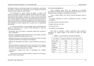 Educação, Formação & Tecnologias, vol. 1 (2), Novembro 2008                                                                                         ISSN  1646‐933X 


ferramentas síncronas e assíncronas disponíveis na plataforma, numa lógica       6. AVALIAÇÃO DO PROJECTO
de partilha e construção do conhecimento, levou à tomada de decisão de
                                                                                     Foram recolhidos alguns dados que resultaram das actividades
organização destes grupos de modo aleatório.
                                                                                 desenvolvidas na plataforma nos seis meses de duração do projecto e de dois
      Foi estabelecido um número máximo de grupos de modo a não                  questionários que se aplicaram, na plataforma, aos alunos.
dificultar a sua gestão e a assegurar condições de dinamização mais eficazes.
                                                                                     Assim, os dados obtidos e que vieram a merecer tratamento, foram os
Como existiam duas Escolas, os alunos do oitavo e do nono anos foram
                                                                                 seguintes:
distribuídos de forma aleatória, embora com o mesmo número de elementos
entre os grupos disponíveis (sete). Após a distribuição dos alunos do oitavo e   - Os registos individuais de acesso à plataforma de todos os alunos
nono anos foi realizada a distribuição nos grupos dos alunos pertencentes ao      participantes;
décimo segundo ano. Estes foram distribuídos através de critérios definidos      - Os registos escritos nos diversos fóruns;
pela professora do décimo segundo ano, de acordo com o conhecimento
prévio destes.                                                                   - O registo escrito do chat final;
     Ao nível das interacções e como estratégia geral de dinamização dos         - Os textos dos wikis;
grupos, as dimensões social e cognitiva foram trabalhadas ao longo das           - As respostas aos questionários.
diversas fases do projecto:
- Socialização onde se privilegiou a interacção informal (por exemplo no              Sem deixar de sublinhar o carácter exploratório desta experiência
  fórum “esplanada”)                                                             apresenta-se de seguida (tabela I) uma síntese de alguns dos dados
                                                                                 recolhidos.
- Discussão e argumentação onde foram propostos vários desafios revestindo
  diferentes modalidades (múltiplos fóruns e chat)                                           Tabela I - Acessos às diferentes actividades da Plataforma

- Moderação pelos alunos mais velhos e pelos professores através da criação                Actividades       Frequência absoluta      Percentagem (%)
 de grupos de trabalho com configurações heterogéneas.
- Produção de participações nos fóruns e escrita colaborativa do artigo no               Chat e Wiki                  3042                   39,7
  wiki.                                                                                  Desafios                     3786                   49,4
- Descrições/reflexões realizadas pelos alunos onde descrevem as ligações                Ajuda                        115                     1,5
  que fazem entre o que sabiam sobre os assuntos abordados e o que ouviram
  dos outros e as ligações propostas pelos colegas.                                      Esplanada                    618                     8,1

- Apresentação e partilha entre todos os participantes dos trabalhos                     Notícias                      97                     1,3
 realizados                                                                              Total                        7658                    100
     Neste processo foram claramente definidos os papeis, quer dos grupos,
quer dos diversos intervenientes.



Revista EFT: http://eft.educom.pt                                                                                                                               28
 