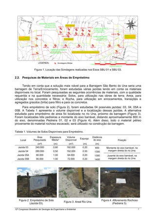 15º Congresso Brasileiro de Geologia de Engenharia e Ambiental 3
Figura 1. Locação das Sondagens realizadas nos Eixos SBU 01 e SBU 03.
2.2. Pesquisas de Materiais em Áreas de Empréstimo
Tendo em conta que a solução mais viável para a Barragem São Bento do Una seria uma
barragem de Terra/Enrocamento, foram estudadas várias jazidas tendo em conta os materiais
disponíveis no local. Foram pesquisadas as seguintes ocorrências de materiais, com a qualidade
requerida e na quantidade necessária: Solos, para utilização nas obras de terra; Areia, para
utilização nos concretos e filtros; e Rocha, para utilização em enrocamentos, transições e
agregados graúdos (brita) para filtro e para os concretos.
Para empréstimo de solo (Figura 2), foram estudadas 04 possíveis jazidas: 03, 04, 05A e
05B. A Tabela 1 apresenta o volume disponível e a localização dessas jazidas. A alternativa
estudada para empréstimo de areia foi localizada no rio Una, próximo da barragem (Figura 3).
Foram localizadas três pedreiras a montante do eixo barrável, distando aproximadamente 800 m
do eixo, denominadas Pedreira 01, 02 e 03 (Figura 4). Além disso, todo o material pétreo
proveniente do material rochoso escavado, será utilizado na construção da barragem.
Tabela 1. Volumes de Solos Disponíveis para Empréstimo.
Local
Área
Pesquisada
Espessura
Média*
Volume
Disponível
Expurgo
Distância
do eixo Posição
(m²) (m) (m³) (m) (m)
Jazida 03 240.000 0,80 192.000 0,20 600 Montante do eixo barrável, na
margem direita do rio Una.Jazida 04 280.000 0,50 192.000 0,50 1300
Jazida 05A 80.000 1,00 64.000 0,20 1300 Jusante do eixo barrável, na
margem direita do rio Una.Jazida 05B 90.000 1,00 72.000 0,20 1400
Figura 2. Empréstimo de Solo
(Jazida 03).
Figura 3. Areal Rio Una.
Figura 4. Afloramento Rochoso
(Pedreira 3).
 