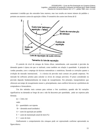 ECEX/IE/UFRJ – Curso de Pós-Graduação em Comércio Exterior
                                           Logística – otimização do transporte e estoques na empresa [prof. Dieter Goebel]
                                                     Estudos em Comércio Exterior Vol. I nº 1 – jul/dez 1996 (ISSN 1413-7976)

aumentam à medida que são estocados lotes maiores, mas isso resulta em menor número de pedidos e
portanto em menores custos de aquisição e faltas. O somatório dos custos tem forma de U.




        O controle do nível de estoque de forma eficaz, naturalmente, está associado à previsão da
demanda quanto à época em que se realizará, como também em relação à quantidade. A projeção de
vendas passadas, com o emprego de técnicas matemáticas e estatísticas, fazendo as correções quanto a
evolução do mercado internacional,        é a técnica de previsão mais comum em grande empresas. No
mercado há softwares prontos para calcular os níveis de estoque previstos. O prazo considerado na
previsão depende fundamentalmente do tempo de ressuprimento. Em princípio, transportadores que
oferecem um tempo de ressuprimento menor e, principalmente, mais confiável devem ter a preferência de
compradores e fornecedores.
        Um dos métodos mais comuns para estimar o lote econômico, quando não há variações
significativas na demanda ao longo do ano e não há descontos por quantidade, pode ser expresso pela
fórmula:
        Q = √ 2DA /EC
        onde:
        Q = quantidade a ser reposta
           D = demanda anual (unidades)
        A = custo de aquisição por pedido
        E = custo de manutenção anual do item (%)
        C = custo do item
        Graficamente o comportamento dos estoques pode ser representado conforme apresentado na
figura abaixo:

                                                                                                               11
 