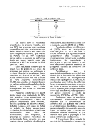 ISSN 2318-4752, Volume 1, N2, 2013 
38 
Tabela 03 - NMP de coliforme total 
Amostras NMP 
3 93 
7 9 
8 1.100 
9 43 
12 4 
13 4 
20 7 
23 4 
Fonte: Instrumento de Coleta de dados 
De acordo com os resultados 
encontrados no presente trabalho, em 
que 80% das amostras foram positivas 
para coliformes totais, caracterizam como 
estas amostras estando em desacordo 
com a legislação brasileira, que através 
da Portaria 451 de 1997, estabelece 
como padrão a ausência de coliformes 
totais em sucos, quando estes são 
analisados a 35°C em volumes de 50ml 
(BRASIL, 1997). 
Estes resultados indicam que há 
algum tipo de problema ao longo do 
processo que precisa ser detectado e 
corrigido. Resultados semelhantes foram 
descritos por Ruschel et al (2001) em 
sucos comercializados nas vias publicas 
de Porto Alegre/RS demonstraram 
44,23% das amostras em desacordo com 
os padrões estabelecidos pela legislação 
federal, encontrados em níveis 
inapropriados em todas as amostras 
reprovadas. 
Apesar de se tratar de sucos de pH 
ácido houve uma positividade de 40% 
das amostras como apresenta-se no 
Figura 04, caracterizando o como um 
produto inapropriado para consumo, 
devido a presença de coliformes fecais. 
Estudos realizados em polpas de frutas 
no estado da Bahia apresentaram 
contaminação média bolores e leveduras 
relativamente altas, além de 
evidenciarem, com frequência, a 
presença de bactérias indicadoras de 
contaminação fecal, portanto, em sua 
maioria, são de qualidade microbiológica 
insatisfatória, estando em desacordo com 
a legislação vigente (LEITE et. al 2000). 
Resultados obtidos por Oliveira et 
al (2006) sobre as características 
microbiológicas do suco de fruta in 
natura, revelaram que algumas amostras 
apresentaram altas contagens de 
microrganismos, indicativas de condições 
inadequadas de manipulação e 
estocagem do produto, levando a um 
risco associado à possível existência de 
patógenos capazes de sobreviver em 
ambiente ácido. 
Acreditava-se que a 
características ácida dos sucos de frutas 
cítricas (pH 4,5) exercia um efeito fatal 
sobre as células de microrganismos 
indicadores e patogênicos. Entretanto, foi 
constatada a sobrevivência de coliformes 
fecais e outras enterobactérias em sucos 
de frutas e outros substratos ácidos. 
Assim, a presença de patógenos enterais 
nesse tipo de substrato pode representar 
um perigo potencial à saúde do 
consumidor (PEREIRA; LEITÃO, 1989). 
Analisando todos os resultados 
mencionados anteriormente, estes 
sugerem que a contaminação de 
alimentos nas vias públicas não se trata 
de um caso isolado da cidade de Macapá. 
As pesquisas têm demonstrado sucos de 
frutas impróprios para consumo em 
diferentes cidades brasileiras, o que 
oferece risco para a população e um 
grave problema de saúde pública. 
A transmissão dá-se através de 
um ciclo de infecção entre o homem e os 
 