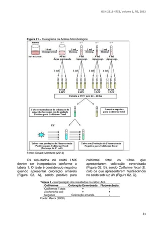 ISSN 2318-4752, Volume 1, N2, 2013 
34 
Figura 01 – Fluxograma da Análise Microbiológica 
Fonte: Souza; Menezes (2013) 
Os resultados no caldo LMX 
devem ser interpretados conforme a 
tabela 1. O teste é considerado negativo 
quando apresentar coloração amarela 
(Figura 02. A), sendo positivo para 
coliforme total os tubos que 
apresentarem coloração esverdeada 
(Figura 02. B), sendo Coliforme fecal (E. 
coli) os que apresentarem fluorescência 
no caldo sob luz UV (Figura 02. C). 
Tabela 1 - Interpretação dos resultados no caldo LMX. 
Coliformes Coloração Esverdeada Fluorescência 
Coliformes Totais + - 
Escherichia coli + + 
Negativo Coloração amarela - 
Fonte: Merck (2000). 
 
