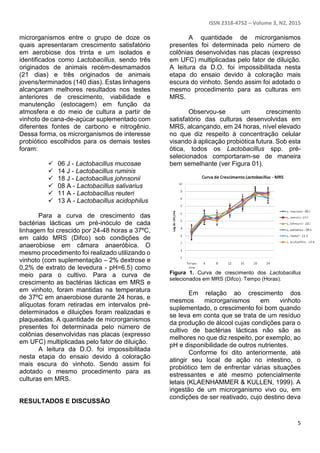 ISSN 2318-4752 – Volume 3, N2, 2015
5
microrganismos entre o grupo de doze os
quais apresentaram crescimento satisfatório
em aerobiose dos trinta e um isolados e
identificados como Lactobacillus, sendo três
originados de animais recém-desmamados
(21 dias) e três originados de animais
jovens/terminados (140 dias). Estas linhagens
alcançaram melhores resultados nos testes
anteriores de crescimento, viabilidade e
manutenção (estocagem) em função da
atmosfera e do meio de cultura a partir de
vinhoto de cana-de-açúcar suplementado com
diferentes fontes de carbono e nitrogênio.
Dessa forma, os microrganismos de interesse
probiótico escolhidos para os demais testes
foram:
 06 J - Lactobacillus mucosae
 14 J - Lactobacillus ruminis
 18 J - Lactobacillus johnsonii
 08 A - Lactobacillus salivarius
 11 A - Lactobacillus reuteri
 13 A - Lactobacillus acidophilus
Para a curva de crescimento das
bactérias lácticas um pré-inóculo de cada
linhagem foi crescido por 24-48 horas a 37ºC,
em caldo MRS (Difco) sob condições de
anaerobiose em câmara anaeróbica. O
mesmo procedimento foi realizado utilizando o
vinhoto (com suplementação – 2% dextrose e
0,2% de extrato de levedura - pH=6.5) como
meio para o cultivo. Para a curva de
crescimento as bactérias lácticas em MRS e
em vinhoto, foram mantidas na temperatura
de 37ºC em anaerobiose durante 24 horas, e
alíquotas foram retiradas em intervalos pré-
determinados e diluições foram realizadas e
plaqueadas. A quantidade de microrganismos
presentes foi determinada pelo número de
colônias desenvolvidas nas placas (expresso
em UFC) multiplicadas pelo fator de diluição.
A leitura da D.O. foi impossibilitada
nesta etapa do ensaio devido à coloração
mais escura do vinhoto. Sendo assim foi
adotado o mesmo procedimento para as
culturas em MRS.
RESULTADOS E DISCUSSÃO
A quantidade de microrganismos
presentes foi determinada pelo número de
colônias desenvolvidas nas placas (expresso
em UFC) multiplicadas pelo fator de diluição.
A leitura da D.O. foi impossibilitada nesta
etapa do ensaio devido à coloração mais
escura do vinhoto. Sendo assim foi adotado o
mesmo procedimento para as culturas em
MRS.
Observou-se um crescimento
satisfatório das culturas desenvolvidas em
MRS, alcançando, em 24 horas, nível elevado
no que diz respeito à concentração celular
visando à aplicação probiótica futura. Sob esta
ótica, todos os Lactobacillus spp. pré-
selecionados comportaram-se de maneira
bem semelhante (ver Figura 01).
Figura 1. Curva de crescimento dos Lactobacillus
selecionados em MRS (Difco). Tempo (Horas).
Em relação ao crescimento dos
mesmos microrganismos em vinhoto
suplementado, o crescimento foi bom quando
se leva em conta que se trata de um resíduo
da produção de álcool cujas condições para o
cultivo de bactérias lácticas não são as
melhores no que diz respeito, por exemplo, ao
pH e disponibilidade de outros nutrientes.
Conforme foi dito anteriormente, até
atingir seu local de ação no intestino, o
probiótico tem de enfrentar várias situações
estressantes e até mesmo potencialmente
letais (KLAENHAMMER & KULLEN, 1999). A
ingestão de um microrganismo vivo ou, em
condições de ser reativado, cujo destino deva
 