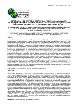 ISSN 2318-4752 – Volume 6, N1, 2018
1
DETERMINAÇÃO DO EFEITO DAS BACTÉRIAS LÁCTICAS (Lactobacillus spp.) NA
COLONIZAÇÃO INTESTINAL E DESAFIO POR Salmonella enterica sorovar Typhimurium EM
CAMUNDONGOS GNOTOXÊNICOS (GN) – EXAME ANATOMOPATOLÓGICO
DETERMINATION OF THE EFFECT OF LACTIC BACTERIA (Lactobacillus spp.) ON INTESTINAL COLONIZATION
AND CHALLENGE BY Salmonella enterica serovar Typhimurium IN GNOTOXENIC (GN) MICE -
ANATOMOPATHOLOGICAL EXAMINATION
FLÁVIO HENRIQUE FERREIRA BARBOSA1; FELIPE HENRIQUE SILVA BAMBIRRA2; LEANDRO
HENRIQUE SILVA BAMBIRRA3; RUBENS ALEX DE OLIVEIRA MENEZES4
RESUMO
A produção de alimentos saudáveis e nutritivos em grande quantidade tem se tornado um desafio para todos os
profissionais que trabalham com toda a cadeia produtiva alimentícia. A produção mundial de suínos cresceu e o Brasil
teve um aumento significativo nas exportações de carne suína. Para que a atividade de criação de suínos se mantenha
produtiva, com a geração de lucros, promotores de crescimento têm sido incorporados às rações, com objetivo de
melhorar o processo digestivo e o desempenho zootécnico dos animais, resultando em maior ganho de peso e redução
do número de doenças. Entretanto, nos últimos anos tem aumentado a conscientização sobre o uso excessivo destes
produtos, bem como se tornado evidente os possíveis transtornos à saúde destes animais e do homem, como
consequências desta suplementação. As alternativas disponíveis para substituição dos antimicrobianos na suinocultura
incluem a utilização de probióticos, prebióticos, simbióticos e agentes fitoterápicos. Seguindo esta linha de raciocínio, este
trabalho se propôs a avaliar a capacidade de proteção das bactérias lácticas (Lactobacillus spp.) contra um
enteropatógeno bacterianos (Salmonella enterica sorovar Typhimurium), em camundongos, verificando as lesões
histológicas promovidas nos animais. De acordo com o exame anatomopatológico, algumas amostras de microrganismos
isolados do conteúdo fecal de suínos se destacam quando o objetivo almejado é a utilização para a elaboração de
produtos probióticos que poderão ser administrados via oral para os animais, logo após o nascimento, durante o desmame
(creche) e em outras fases da cadeia produtiva. Segundo laudo histopatológico, os tratamentos com os possíveis
probióticos não alteraram a estrutura histológica das porções/órgãos analisados em animais não desafiados. Já nos
animais, após 5 dias de infecção com S. Typhimurium, verificou-se que apenas o tratamento com o probiótico 11 A - L.
reuteri não altera a estrutura histológica dos órgãos analisados em camundongos, com os mesmos se apresentando com
aspectos normais e se mostrando mais efetivo em melhorar a lesão das vísceras (baço e fígado) e de porções do trato
digestivo (cólon, ceco e íleo) induzida pela infecção.
PALAVRAS-CHAVE: Lactobacillus, bactérias lácticas, suínos, probiótico.
ABSTRACT
The production of healthy and nutritious food in large quantities has become a challenge for all professionals who work
with the entire food production chain. World swine production grew and Brazil saw a significant increase in exports. In
order for the pig breeding activity to remain productive, with the generation of profits, growth promoters have been
incorporated into the rations, with the objective of improving the digestive process and the zootechnical performance of
the animals, resulting in greater weight gain and reduced number of diseases. However, in recent years there has been
an increase in awareness about the excessive use of these products, as well as the possible health disorders of these
animals and man, as consequences of this supplementation, have become evident. The alternatives available to replace
antimicrobials in pig farming include the use of probiotics, prebiotics, symbiotics and herbal agents. Following this line of
reasoning, this work aimed to evaluate the protection capacity of lactic acid bacteria (Lactobacillus spp.) Against a bacterial
enteropathogen (Salmonella enterica serovar Typhimurium), in mice, checking the histological lesions promoted in
animals. According to the anatomopathological examination, some samples of microorganisms isolated from the faecal
content of swine stand out when the aim is to use probiotic products that can be administered orally to animals, immediately
after birth, during weaning (nursery) and in other stages of the production chain. According to histopathological report,
treatments with possible probiotics did not alter the histological structure of the portions/organs analyzed in non-challenged
animals. In animals, after 5 days of infection with S. Typhimurium, it was found that only treatment with probiotic 11 A - L.
reuteri does not alter the histological structure of the organs analyzed in mice, with them presenting normal aspects and
being more effective in improving the injury of the viscera (spleen and liver) and portions of the digestive tract (colon,
cecum and ileum) induced by infection.
KEYWORDS: Lactobacillus, lactic bacteria, swine, probiotic.
 
