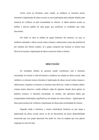 Assim como na literatura, neste estudo, as mulheres se mostram menos
tolerantes à legitimação do abuso sexual, se essa Legitimação pela sedução infantil, pela
ausência de violência ou pela normalidade no ofensor. A tabela anterior mostra as
médias e desvios padrão de cada grupo que justificam os resultados que serão
discorridos.
Em todos os itens as médias do grupo feminino são menores, ou seja, as
mulheres entendem o abuso sexual contra crianças e adolescentes como não justificável
por nenhum dos fatores estudos. Já o grupo composto por homens se mostra mais
flexível no tocante a legitimação do abuso sexual em todos os fatores.

DISCUSSÃO
Os resultados obtidos no presente estudo corroboram com a literatura
encontrada, no tocante à visão de homens e mulheres em relação ao abuso sexual, onde
mulheres se mostram menos tolerantes à legitimação do abuso sexual contra crianças e
adolescentes, enquanto os homens se mostram mais flexíveis, vendo as relações adultocriança menos abusivas e ainda atribuem culpa de algumas relação desse gênero às
próprias crianças. A literatura encontrada, no entanto, não apresenta dados que
compreendam informações significativas em relação aos outros fatores – legitimação do
abuso pela ausência de violência e legitimação do abuso pela normalidade do ofensor.
Segundo ainda a literatura, a menos intolerância feminina no que tange a
legitimação do abuso sexual, talvez se dê em decorrência da maior disponibilidade
emocional que esse grupo apresenta isso pode ser visto na empatia que esse gênero
emprega em casos do tipo.

 