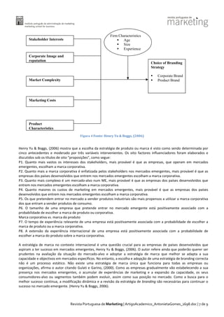 Stakeholder Interests

Firm Characteristics
Age
Size
Experience

Corporate Image and
reputation

Choice of Branding
Strategy
Corporate Brand
Product Brand

Market Complexity

Marketing Costs

Product
Characteristics
Figura 4 Fonte: Henry Yu & Boggs, (2006)

Henry Yu & Boggs, (2006) mostra que a escolha da estratégia de produto ou marca é visto como sendo determinada por
cinco antecedentes e moderado por três variáveis intervenientes. Os oito factores influenciadores foram elaborados e
discutidos sob os títulos de oito "proposições", como segue:
P1. Quanto mais vastos os interesses dos stakeholders, mais provável é que as empresas, que operam em mercados
emergentes, escolham a marca corporativa.
P2. Quanto mais a marca corporativa é enfatizada pelos stakeholders nos mercados emergentes, mais provável é que as
empresas dos países desenvolvidos que entrem nos mercados emergentes escolham a marca corporativa.
P3. Quanto mais complexo é um mercado-alvo num ME, mais provável é que as empresas dos países desenvolvidos que
entrem nos mercados emergentes escolham a marca corporativa.
P4. Quanto maiores os custos de marketing em mercados emergentes, mais provável é que as empresas dos países
desenvolvidos que entrem nos mercados emergentes escolham a marca corporativa.
P5. Os que pretendem entrar no mercado a vender produtos industriais são mais propensos a utilizar a marca corporativa
dos que entram a vender produtos de consumo.
P6. O tamanho de uma empresa que pretende entrar no mercado emergente está positivamente associado com a
probabilidade de escolher a marca de produto ou corporativa.
Marca corporativa vs. marca do produto
P7. O tempo de experiência relevante de uma empresa está positivamente associada com a probabilidade de escolher a
marca de produto ou a marca corporativa.
P8. A extensão da experiência internacional de uma empresa está positivamente associada com a probabilidade de
escolher a marca do produto sobre a marca corporativa.
A estratégia de marca no contexto internacional é uma questão crucial para as empresas de países desenvolvidos que
aspiram a ter sucesso em mercados emergentes, Henry Yu & Boggs, (2006). O autor refere ainda que poderão querer ser
prudentes na avaliação da situação do mercado-alvo e adoptar a estratégia de marca que melhor se adapta a sua
capacidade e objectivos em mercados específicos. No entanto, a escolha e adopção de uma estratégia de branding correcta
não é um processo estático. Não existe uma estratégia de marca única que funciona para todas as empresas ou
organizações, afirma o autor citando Gulati e Garino, (2000). Como as empresas gradualmente vão estabelecendo a sua
presença nos mercados emergentes, o acumular de experiências de marketing e a expansão da capacidade, os seus
consumidores-alvo ou segmentos também podem evoluir, assim como sua posição no mercado. Como a busca para o
melhor sucesso continua, a modificação dinâmica e a revisão da estratégia de branding são necessárias para continuar o
sucesso no mercado emergente. (Henry Yu & Boggs, 2006).

Revista Portuguesa de Marketing | ArtigoAcademico_AntonietaGomes_1698.doc | 7 de 9

 
