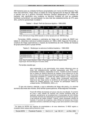 REVISTA NERA – ANO 9, N. 8 – JANEIRO/JUNHO DE 2006 – ISSN 1806-6755




200 hectares) para as unidades familiares (propriedades com menos de 200 hectares). Para
fazer esta estimativa, Veiga utilizou os dados do Censo Agropecuário do Ibge de 1995/1996
e calculou que se o governo Fernando Henrique Cardoso desapropriou 20 milhões de
hectares, isso significaria uma mudança na estrutura fundiária em que as unidades
familiares aumentariam sua participação na área total dos estabelecimentos de 37% para
42%, conforme apresentado na tabela 1.

                     Tabela 1 – Brasil: Perfil da Estrutura Agrária – 1995-2000

                                         1995                %
                                                                             2000              %
                                     (milhões de ha)                     (milhões de ha)
         Propriedades patronais           224                63               210               58
         Propriedades familiares          130                37               150               42
         Total                            354               100               360              100
        Fonte: Estimativa de Veiga (2003) baseada no Censo Agropecuário de 1995/96 do Ibge.

      Fernandes (2005) comparou a estimativa de Veiga com os dados do SNCR (ver
tabela 2), referentes à estrutura fundiária brasileira em 1992 e 2003. Segundo Fernandes, a
conjetura de Veiga supervalorizou o impacto da transferência de vinte milhões de hectares
do grupo patronal para o grupo familiar.

                 Tabela 2 – Mudanças na estrutura fundiária brasileira – 1992-2003

                                         1995                %
                                                                             2000              %
                                     (milhões de ha)                     (milhões de ha)
         Propriedades patronais            245               74             297              71
         Propriedades familiares            86               26             123              29
         Total                             331              100             420             100
        Fonte: Atlas Fundiário Brasileiro (1996); II Plano Nacional de Reforma Agrária (2003)
        Organização: Bernardo Mançano Fernandes (2005)

        Fernandes ressalta que

                            esta comparação é uma aproximação, pois existem diferenças entre as
                            áreas dos estabelecimentos agrícolas pesquisados pelo IBGE e as
                            propriedades fundiárias, cadastradas no Incra1. Também se deve considerar
                            que os dados do Sistema Nacional de Cadastro Rural referem-se há três
                            anos antes e três anos depois do período comparado por Veiga. O que essa
                            comparação possibilita é a análise dos dados relativos e suas respectivas
                            ordens de grandeza. Assim, através dessa comparação aproximada,
                            observa-se que Veiga acerta na tendência da diminuição da participação
                            relativa da unidade patronal e do aumento da participação relativa da
                            unidade familiar. (FERNANDES, 2005, p. 4)

      O que nos chama a atenção, e que a estimativa de Veiga não previu, é o enorme
aumento das áreas dos imóveis, tanto familiar quanto patronal. Ainda segundo Fernandes:

                            Foram 89 milhões de hectares em pouco mais de uma década. O aumento
                            de trinta e sete milhões de hectares dos imóveis familiares pode ser
                            explicado, parcialmente, se considerarmos a incorporação de vinte milhões
                            de hectares advindos da implantação de assentamentos de reforma agrária
                            e das políticas de crédito fundiário. Todavia, restam dezessete milhões de
                            hectares. O aumento de cinqüenta e dois milhões de hectares dos imóveis
                            patronais contraria a estimativa de Veiga, já que seria coerente a diminuição

1
  Os dados do INCRA são registros de propriedades e de seus detentores. O IBGE registra a
ocupação desse espaço pelos produtores rurais.

    Revista NERA          Presidente Prudente            Ano 9, n. 8       pp. 109-121         Jul./Dez. 2006
                                                                                                            111
 