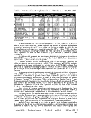 REVISTA NERA – ANO 9, N. 8 – JANEIRO/JUNHO DE 2006 – ISSN 1806-6755




  Tabela 5 – Mato Grosso: transformação da estrutura fundiária dos anos 1992, 1998 e 2003

                                                   1992                           1998                         2003
              Grupos de área
                                          Imóveis          Áreas         Imóveis          Áreas       Imóveis          Áreas
                   Total                   62.343,00 45.688.719,00        94.712,00 72.814.441,70     115.526,00 70.388.184,20
          Menos de 1                         65                26,50        83                36,60      57                34,50
          1 a menos de 2                     199              300,70        295              430,90      345              506,80
          2 a menos de 5                     580            2.066,80       1199            4.059,90     1638            5.580,00
Pequena




          5 a menos de 10                   1322            9.616,70       2018           14.564,70     2721           19.538,80
          10 a menos de 25                  5032           86.084,60       7404          127.046,90     9508          163.619,80
          25 a menos de 50                 10320          360.293,60      14576          512.228,20    18173          640.477,10
          50 a menos de 100                11554          771.600,00      17373        1.163.682,30    20276        1.389.224,50
          100 a menos de 200                9676        1.272.320,20      13781        1.827.488,30    16675        2.228.911,50
          200 a menos de 500               10098        3.234.835,20      15587        5.066.901,50    19349        6.218.633,50
Média




          500 a menos de 1.000              4838        3.400.944,50       7737        5.438.453,90     9680        6.806.196,80
          1.000 a menos de 2.000            3674        5.122.642,60       6231        8.669.977,00     7786      10.902.571,70
          2.000 a menos de 5.000            3423      10.054.347,50        5853      17.109.497,80      6995      20.648.940,20
          5.000 a menos de 10.000            974        7.245.778,30       1722      13.021.916,70      2072      15.697.901,50
Grande




          10.000 a menos de 20.000           359        5.000.652,10        524        7.161.861,60      151        2.051.239,50
          20.000 a menos de 50.000           180        5.282.452,50        268        7.838.340,70      84         2.403.895,10
          50.000 a menos de 100.000          40         2.641.711,80        48         3.236.654,40      13           875.929,50
          100.000 e mais                      9         1.203.045,40        13         1.621.300,30       3           334.983,40   Fo
nte: SNCR/Incra.

        De 1992 a 1998 foram acrescentados 32.369 novos imóveis, tendo uma mudança na
área de 27.125.722,70 hectares. Desse acréscimo de imóveis às pequenas propriedades
representam a participação de 55,7%, as médias de 33,8% e as grandes de 10,5%. No que
diz respeito ao aumento da área, a pequena representou 4,3%, a média 27,3% e a grande
68,4%. Ao passo que a pequena propriedade é a mais expressiva no aumento de imóveis,
pouco representa no total de área acrescida, o que acontece o oposto na grande
propriedade.
        De 1998 a 2003, ao passo que aumentaram 20.814 imóveis, houve a diminuição de
2.426.257,50 hectares. Desse número acrescido dos imóveis 60,8% foram de pequenas
propriedades, 34,9% de médias e 4,3 de grandes.
        Quanto à mudança na área no período de 1998 a 2003, enquanto a pequena e a
média propriedade tiveram um aumento de 798.355,20 hectares e 4.752.069,6 hectares,
respectivamente, a grande propriedade teve um decréscimo de 7.976.682,3 hectares. Essa
diminuição foi especificamente nas propriedades com mais de 10 mil hectares, fazendo com
que a variação acumulada desse período apresentasse um decréscimo de 2.426.257,50
hectares.
        Uma das razões da diminuição das áreas dos imóveis de mais de 10 mil hectares, de
1998 a 2003, pode se dever à portaria do Incra n° 558/99, que excluiu os cadastros de
proprietários e detentores de grandes imóveis com suspeita de grilagem. Esse processo
teve como critérios básicos à conferência da área e da localização dos imóveis no Cadastro
de Pessoas Físicas (CPF) e Jurídicas (CNPJ) da Secretaria da Receita Federal. O Mato
Grosso apresentou 0,6% dos imóveis inconsistentes de todo o Brasil, representando 17% da
área, campeão do ranking do estados. Teve o total de 525 imóveis, dos quais 302 são
“pertencentes” a pessoas físicas e 223 a pessoas jurídicas. No total foram excluídos
12.250.777,10 hectares (SABBATO, 2005).
        Doze milhões de hectares representa metade do território do Estado de São Paulo.
Essas terras existiram? Isto é uma das questões que pretendemos compreender. Todavia, a
exclusão dessa área muito pouco representou na estrutura fundiária do Mato Grosso.
        Os procedimentos utilizados para identificar imóveis inconsistentes ainda apresentam
muita restrição. É necessário um rígido acompanhamento nos municípios para aumentar as
possibilidades de detecção de grilagem. Os códigos dos imóveis que não foram reclamados
pelos supostos proprietários estão disponibilizados na página do Incra. A partir desses
códigos, vamos pesquisar as situações dos imóveis nos seus repetíveis municípios.
        No Mato Grosso, agrupando os municípios de acordo com a similaridade dos índices
de crescimento das áreas, encontramos duas realidades: A primeira nos municípios, onde
predomina a produção da soja, onde o crescimento das áreas e imóveis pode estar

          Revista NERA                Presidente Prudente              Ano 9, n. 8       pp. 109-121         Jul./Dez. 2006
                                                                                                                              117
 