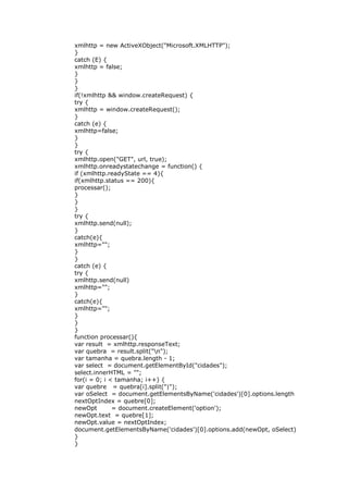 xmlhttp = new ActiveXObject("Microsoft.XMLHTTP");
}
catch (E) {
xmlhttp = false;
}
}
}
if(!xmlhttp && window.createRequest) {
try {
xmlhttp = window.createRequest();
}
catch (e) {
xmlhttp=false;
}
}
try {
xmlhttp.open("GET", url, true);
xmlhttp.onreadystatechange = function() {
if (xmlhttp.readyState == 4){
if(xmlhttp.status == 200){
processar();
}
}
}
try {
xmlhttp.send(null);
}
catch(e){
xmlhttp="";
}
}
catch (e) {
try {
xmlhttp.send(null)
xmlhttp="";
}
catch(e){
xmlhttp="";
}
}
}
function processar(){
var result = xmlhttp.responseText;
var quebra = result.split("n");
var tamanha = quebra.length - 1;
var select = document.getElementById("cidades");
select.innerHTML = "";
for(i = 0; i < tamanha; i++) {
var quebre = quebra[i].split("|");
var oSelect = document.getElementsByName('cidades')[0].options.length
nextOptIndex = quebre[0];
newOpt = document.createElement('option');
newOpt.text = quebre[1];
newOpt.value = nextOptIndex;
document.getElementsByName('cidades')[0].options.add(newOpt, oSelect)
}
}
 