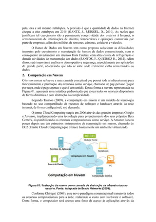 peta, exa e até mesmo zettabytes. A previsão é que a quantidade de dados na Internet
chegue a oito zettabytes em 2015 (GANTZ, J., REINSEL, D., 2010). As razões que
justificam tal crescimento são a permanente conectividade dos usuários à Internet, o
armazenamento de informações de clientes, fornecedores e operações comerciais por
parte de empresas, além dos milhões de sensores, câmeras, celulares e veículos.
O Banco de Dados em Nuvem tem como proposta solucionar as dificuldades
impostas pelo crescimento e manutenção de bancos de dados convencionais, com o
consequente investimento em imensos Data Centers, com altos custos de refrigeração e
demais atividades de manutenção dos dados (SANTOS, F., QUEIROZ H., 2012). Além
disso, será importante analisar o desempenho e segurança, especialmente em aplicações
de grande porte, observando que não se sabe onde realmente estão armazenados os
dados.
2. Computação em Nuvem
O termo nuvem refere-se a uma camada conceitual que possui toda a infraestrutura para
funcionamento e promoção dos recursos como serviço, chamado de pay-per-use (pagar
por uso), onde é pago apenas o que é consumido. Dessa forma a nuvem, representada na
Figura 01, apresenta uma interface padronizada que aloca todos os serviços disponíveis
de forma dinâmica e com abstração da complexidade.
Segundo Taurion (2009), a computação em nuvem é um modelo de tecnologia
baseado no uso compartilhado de recursos de software e hardware através da rede
internet, de forma configurável, sob demanda.
O termo Cloud Computing surgiu em 2006 através das grandes empresas Google
e Amazon, implementando uma tecnologia para gerenciamento dos seus próprios Data
Centers, disponibilizando os recursos computacionais como serviço. A Amazon lançou
pouco depois um dos primeiros instrumentos de computação em nuvem, chamado de
EC2 (Elastic Cloud Computing) que oferece basicamente um ambiente virtualizado.
Figura 01: Ilustração da nuvem como camada de abstração da infraestrutura ao
usuário. Fonte: Adaptada de Brado Networks (2009).
Conforme Chirigati (2009), esse novo paradigma computacional transporta todos
os recursos computacionais para a rede, reduzindo o custo com hardware e software.
Desta forma, o computador será apenas uma fonte de acesso às aplicações através da
 