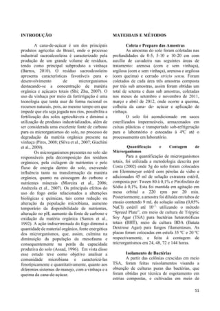 51 
INTRODUÇÃO 
A cana-de-açúcar é um dos principais 
produtos agrícolas do Brasil, onde o processo 
industrial sucroalcooleira é caracterizado pela 
produção de um grande volume de resíduos, 
tendo como principal subproduto a vinhaça 
(Barros, 2010). O resíduo sucroalcooleiro 
apresenta características favoráveis para o 
desenvolvimento de microrganismos 
destacando-se a concentração de matéria 
orgânica e açúcares totais (Shi; Zhu, 2007). O 
uso da vinhaça por meio da fertirrigação é uma 
tecnologia que tenta usar de forma racional os 
recursos naturais, pois, ao mesmo tempo em que 
impede que ela seja jogada nos rios, possibilita a 
fertilização dos solos agricultáveis e diminui a 
utilização de produtos industrializados, além de 
ser considerada uma excelente fonte de carbono 
para os microrganismos do solo, no processo de 
degradação da matéria orgânica presente na 
vinhaça (Pires, 2008; (Silva et al., 2007; Giachini 
et al., 2009). 
Os microrganismos presentes no solo são 
responsáveis pela decomposição dos resíduos 
orgânicos, pela ciclagem de nutrientes e pelo 
fluxo de energia dentro do solo, exercendo 
influência tanto na transformação da matéria 
orgânica, quanto na estocagem do carbono e 
nutrientes minerais (Moreira et al., 2006; 
Andreola et al., 2007). Os principais efeitos do 
uso do fogo estão relacionados a alterações 
biológicas e químicas, tais como redução ou 
alteração da população microbiana, aumento 
temporário da disponibilidade de nutrientes, 
alteração no pH, aumento da fonte de carbono e 
oxidação da matéria orgânica (Santos et al., 
1992). A ação indiscriminada do fogo diminui a 
quantidade de material orgânico, fonte energética 
dos microrganismos, que, assim, culmina na 
diminuição da população da mesofauna e 
consequentemente na perda da capacidade 
produtiva do solo (Assad, 1996). Em vista disso 
esse estudo teve como objetivo analisar a 
comunidade microbiana e caracterizá-las 
fenotipicamente e quantitativamente, quanto aos 
diferentes sistemas de manejo, com a vinhaça e a 
queima da cana-de-açúcar. 
MATERIAIS E MÉTODOS 
Coleta e Preparo das Amostras 
As amostras do solo foram coletadas nas 
profundidades de 0-5, 5-10 e 10-20 cm com 
auxílio de cavadeira nas seguintes áreas de 
tratamento: arenosa (com e sem vinhaça), 
argilosa (com e sem vinhaça), arenosa e argilosa 
(com queima) e cerrado stricto sensu. Foram 
coletados de cada área três amostras composta 
por três sub amostras, assim foram obtidas um 
total de setenta e duas sub amostras, coletadas 
nos meses de setembro e novembro de 2011, 
março e abril de 2012, onde ocorre a queima, 
colheita da cana- de- açúcar e aplicação de 
vinhaça. 
O solo foi acondicionado em sacos 
esterilizados impermeáveis, armazenados em 
caixas plásticas e transportado sob-refrigeração 
para o laboratório e estocadas à 4ºC até o 
processamento em laboratório. 
Quantificação e Contagem de 
Microrganismos 
Para a quantificação de microrganismos 
totais, foi utilizada a metodologia descrita por 
Costa (2002) onde 5g do solo foram colocados 
em Elermmeyer estéril com pérolas de vidro e 
adicionados 45 ml de solução extratora estéril, 
composta por: Tween 80 à 0,1% e Pirofosfato de 
Sódio à 0,1%. Esta foi mantida em agitação em 
mesa orbital a 220 rpm por 20 min. 
Posteriormente, a amostra foi diluída em tubos de 
ensaio contendo 9 mL de solução salina (0,85% 
NaCl) estéril até 10-7, utilizando o método 
“Spreed Plate”, em meio de cultura de Tripytic 
Soy Agar (TSA) para bactérias heterotróficas 
totais (BHT), meio de cultura BDA (Batata 
Dextrose Agar) para fungos filamentosos. As 
placas foram colocadas em estufa 35 ºC e 20 ºC 
respectivamente, e feita à contagem de 
microrganismos em 24, 48, 72 e 144 horas. 
Isolamento de Bactérias 
A partir das colônias crescidas em meio 
TSA, foram feitas reisolamentos visando a 
obtenção de culturas puras das bactérias, que 
foram obtidas por técnica de esgotamento em 
estrias compostas, e cultivadas em meio de 
 