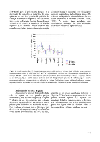 58 
contribuído para o crescimento fúngico é a 
disposição de nutrientes na superfície do solo, 
apesar de ser uma área que não há aplicação de 
vinhaça, os nutrientes da própria cana-de-açúcar 
favorecem a proliferação fúngica. De acordo com 
Miranda et al. (1997), a ocorrência de matéria 
orgânica e de material pouco alterado nas 
camadas superficiais favoreceria a maior aeração 
e disponibilidade de nutrientes, com consequente 
aumento na população de bactérias e fungos. Os 
atributos biológicos são influenciados por fatores 
como temperatura e umidade (Cattelan; Vidor, 
1990). As outras áreas estudadas não 
apresentaram diferença em seus resultados 
estatísticos em relação à profundidade. 
0 - 5 cm 
5 - 10 cm 
10 - 20 cm 
160 
140 
120 
100 
80 
60 
40 
20 
0 
-20 
Figura 8 - Média (média ± I.C. 95%) da contagem de fungos (UFC/g solo) no solo das áreas utilizadas neste estudo em 
quatro épocas de coletas na safra 2011/2012. ARECV – textura média cultivado com cana-de-açúcar com aplicação de 
vinhaça; ARESV – textura média cultivado com cana-de-açúcar sem aplicação de vinhaça; Cerrado – vegetação natural 
do tipo cerrado; ArgCV - textura argilosa cultivado com cana-de-açúcar com aplicação de vinhaça; ArgSV - textura 
argilosa cultivado com cana-de-açúcar sem aplicação de vinhaça; AreQueima - textura média cultivado com cana-de-açúcar 
com queima da palhada; ArgQueima - textura argilosa cultivado com cana-de-açúcar com queima da palhada. 
Análise morfo tintorial de gram 
Análise morfo tintotial de Gram foi feita 
afim de separar os dois grandes grupos 
bacterianos (Gram positivo e negativo), na figura 
9 observa-se as percentagens das estirpes 
isoladas de todas as coletas e tratamento. A maior 
percentagem encontrada foi bastonete positivo. 
Este resultado corrobora com a literatura, que 
descreve os microrganismos do gênero Bacillus 
como sendo predominantes do solo, ou seja, 
encontra-se em maior quantidade (Moreira e 
Siqueira, 2006). Os mesmos apresentaram na sua 
grande maioria esporos. Os esporos são 
estruturas de defesa e resistencia que se formam 
nos microrganismo, isso ocorre quando o solo 
passa por algum tipo de estresse, como a 
incorporação da vinhaça e a ação da queima. 
ARECV 
ARESV 
Cerrado 
ArgSV 
ArgCV 
Are Queima 
Arg Queima 
-40 
Contagem de fungos (UFC/g solo) 
 