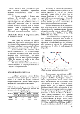 44 
Técnica e Extensão Rural, passando as ações 
pelos diversos segmentos: organização, 
produção, comercialização, crédito e meio 
ambiente. 
O Serviço prestado é dirigido para 
realização de atividades que tragam o 
desenvolvimento e o aprimoramento da 
capacidade produtiva dos produtores, através de 
consultorias individuais, além de atividades 
coletivas (reuniões técnicas, dias de campo, 
palestras, cursos e intercâmbios) utilizando 
sempre uma abordagem participativa 
objetivando um aprendizado eficaz e efetivo. 
Influência dos sistemas de irrigação no cultivo 
do melão e da cebola 
Essa etapa foi realizada no projeto 
Mandacaru, Juazeiro-BA, tendo como objetivo 
investigar a influência da substituição do sistema 
de irrigação superficial para o sistema localizado 
sobre as culturas anuais do melão e da cebola. 
Foram coletados dados entre 2001 e 2011 
através dos relatórios da ATER e visitas a campo. 
As variáveis analisadas foram área cultivada, 
produção anual, produtividade, Valor Bruto 
Produzido (VBL) e Valor Líquido Produzido 
(VLP) das culturas do melão e da cebola 
cultivadas no perímetro irrigado. 
Os dados foram submetidos à análise de 
variância e ao teste de comparação de média de 
Tukey a 5 % de probabilidade. 
RESULTADOS E DISCUSSÃO 
A tabela 1 apresenta o consumo de água 
em metros cúbicos e reais para as culturas do 
melão e da cebola no projeto Mandacaru 
(irrigação localizada) e projeto Tourão (irrigação 
por superfície) cultivados em Vertissolo. 
Tabela 1 – Consumo de água em metros cúbicos e reais 
para sistema de irrigação superficial e localizado, por 
hectare, no cultivo do melão e da cebola. 
Cultura 
Consumo de água 
Superf. Localiz. Superf. Localiz. 
-------- m3 ha-1 -------- -------- R$ ha-1 -------- 
Melão 4,6 4,0 160,0 116,0 
Cebola 6,9 5,0 200,0 142,0 
A diferença de consumo de água entre os 
projetos é sutil para o cultivo do melão, 4 m3 no 
sistema localizado e 4,6 m3 no sistema 
superficial, e para o cultivo da cebola, 5 m3 no 
sistema localizado e 6,9 m3 no sistema 
superficial. Apesar da mudança para o sistema de 
irrigação localizado no projeto Mandacaru, foi 
possível detectar que existe a necessidade de 
melhor adequação do sistema às culturas. 
Mesmo com a diminuição do consumo de 
água, o preço por hectare para o cultivo das duas 
culturas não sofreu grandes alterações, visto que 
a irrigação contribui com, no máximo, 3 % dos 
gastos totais da área (SOUSA et al., 2012; 
BANDEIRA et al., 2013). 
Considerando o início de implantação do 
novo sistema de irrigação a partir de abril de 
2011, foi possível verificar que a mudança para o 
sistema de irrigação localizado não estimulou, 
até o momento, o interesse dos produtores em 
aumentar a área de cultivo do melão e da cebola 
(Figura 1). 
Figura 1 - Histórico de área cultivada, em ha, com melão 
e cebola no projeto Mandacaru entre 2001 e 2011. 
Os valores para área cultivada em 2011 
foram coletados até junho do mesmo ano, 
chegando a 31,4 ha e 39,3 ha para o melão e a 
cebola, respectivamente. Esses valores foram 
abaixo dos encontrados em 2010, quando foram 
cultivados 45 ha de melão e 50 ha de cebola. 
Mesmo assim, não se esperam mudanças 
drásticas na área de cultivo até o término do ano. 
Os produtores priorizam o primeiro semestre por 
causa dos altos preços do período, quando áreas 
produtoras de melão (Rio Grande do Norte e 
Ceará) e cebola (Sul do Brasil, Chile e Argentina) 
estão em entressafra. Além disso, há a resistência 
de alguns produtores do projeto a investir em tais 
culturas, por serem dispendiosas e de alto risco 
(SOUSA et al., 2012; BANDEIRA et al., 2013). 
O decréscimo da área produzida do melão a partir 
 