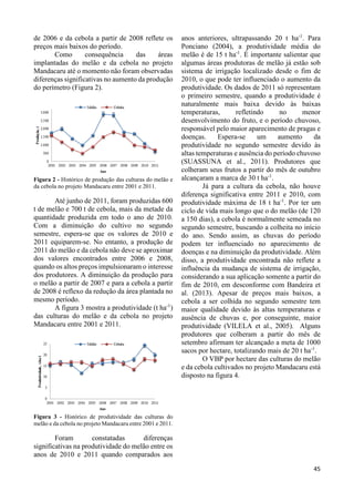 45 
de 2006 e da cebola a partir de 2008 reflete os 
preços mais baixos do período. 
Como consequência das áreas 
implantadas do melão e da cebola no projeto 
Mandacaru até o momento não foram observadas 
diferenças significativas no aumento da produção 
do perímetro (Figura 2). 
Figura 2 - Histórico de produção das culturas do melão e 
da cebola no projeto Mandacaru entre 2001 e 2011. 
Até junho de 2011, foram produzidas 600 
t de melão e 700 t de cebola, mais da metade da 
quantidade produzida em todo o ano de 2010. 
Com a diminuição do cultivo no segundo 
semestre, espera-se que os valores de 2010 e 
2011 equiparem-se. No entanto, a produção de 
2011 do melão e da cebola não deve se aproximar 
dos valores encontrados entre 2006 e 2008, 
quando os altos preços impulsionaram o interesse 
dos produtores. A diminuição da produção para 
o melão a partir de 2007 e para a cebola a partir 
de 2008 é reflexo da redução da área plantada no 
mesmo período. 
A figura 3 mostra a produtividade (t ha-1) 
das culturas do melão e da cebola no projeto 
Mandacaru entre 2001 e 2011. 
Figura 3 - Histórico de produtividade das culturas do 
melão e da cebola no projeto Mandacaru entre 2001 e 2011. 
Foram constatadas diferenças 
significativas na produtividade do melão entre os 
anos de 2010 e 2011 quando comparados aos 
anos anteriores, ultrapassando 20 t ha-1. Para 
Ponciano (2004), a produtividade média do 
melão é de 15 t ha-1. É importante salientar que 
algumas áreas produtoras de melão já estão sob 
sistema de irrigação localizado desde o fim de 
2010, o que pode ter influenciado o aumento da 
produtividade. Os dados de 2011 só representam 
o primeiro semestre, quando a produtividade é 
naturalmente mais baixa devido às baixas 
temperaturas, refletindo no menor 
desenvolvimento do fruto, e o período chuvoso, 
responsável pelo maior aparecimento de pragas e 
doenças. Espera-se um aumento da 
produtividade no segundo semestre devido às 
altas temperaturas e ausência do período chuvoso 
(SUASSUNA et al., 2011). Produtores que 
colheram seus frutos a partir do mês de outubro 
alcançaram a marca de 30 t ha-1. 
Já para a cultura da cebola, não houve 
diferença significativa entre 2011 e 2010, com 
produtividade máxima de 18 t ha-1. Por ter um 
ciclo de vida mais longo que o do melão (de 120 
a 150 dias), a cebola é normalmente semeada no 
segundo semestre, buscando a colheita no início 
do ano. Sendo assim, as chuvas do período 
podem ter influenciado no aparecimento de 
doenças e na diminuição da produtividade. Além 
disso, a produtividade encontrada não reflete a 
influência da mudança de sistema de irrigação, 
considerando a sua aplicação somente a partir do 
fim de 2010, em desconforme com Bandeira et 
al. (2013). Apesar de preços mais baixos, a 
cebola a ser colhida no segundo semestre tem 
maior qualidade devido às altas temperaturas e 
ausência de chuvas e, por conseguinte, maior 
produtividade (VILELA et al., 2005). Alguns 
produtores que colheram a partir do mês de 
setembro afirmam ter alcançado a meta de 1000 
sacos por hectare, totalizando mais de 20 t ha-1. 
O VBP por hectare das culturas do melão 
e da cebola cultivados no projeto Mandacaru está 
disposto na figura 4. 
 