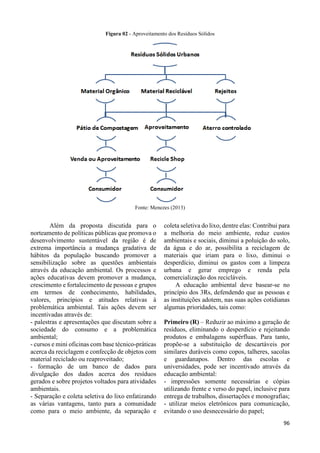 96 
Figura 02 - Aproveitamento dos Resíduos Sólidos 
Fonte: Menezes (2013) 
Além da proposta discutida para o 
norteamento de políticas públicas que promova o 
desenvolvimento sustentável da região é de 
extrema importância a mudança gradativa de 
hábitos da população buscando promover a 
sensibilização sobre as questões ambientais 
através da educação ambiental. Os processos e 
ações educativas devem promover a mudança, 
crescimento e fortalecimento de pessoas e grupos 
em termos de conhecimento, habilidades, 
valores, princípios e atitudes relativas à 
problemática ambiental. Tais ações devem ser 
incentivadas através de: 
- palestras e apresentações que discutam sobre a 
sociedade do consumo e a problemática 
ambiental; 
- cursos e mini oficinas com base técnico-práticas 
acerca da reciclagem e confecção de objetos com 
material reciclado ou reaproveitado; 
- formação de um banco de dados para 
divulgação dos dados acerca dos resíduos 
gerados e sobre projetos voltados para atividades 
ambientais. 
- Separação e coleta seletiva do lixo enfatizando 
as várias vantagens, tanto para a comunidade 
como para o meio ambiente, da separação e 
coleta seletiva do lixo, dentre elas: Contribui para 
a melhoria do meio ambiente, reduz custos 
ambientais e sociais, diminui a poluição do solo, 
da água e do ar, possibilita a reciclagem de 
materiais que iriam para o lixo, diminui o 
desperdício, diminui os gastos com a limpeza 
urbana e gerar emprego e renda pela 
comercialização dos recicláveis. 
A educação ambiental deve basear-se no 
princípio dos 3Rs, defendendo que as pessoas e 
as instituições adotem, nas suas ações cotidianas 
algumas prioridades, tais como: 
Primeiro (R) – Reduzir ao máximo a geração de 
resíduos, eliminando o desperdício e rejeitando 
produtos e embalagens supérfluas. Para tanto, 
propõe-se a substituição de descartáveis por 
similares duráveis como copos, talheres, sacolas 
e guardanapos. Dentro das escolas e 
universidades, pode ser incentivado através da 
educação ambiental: 
- impressões somente necessárias e cópias 
utilizando frente e verso do papel, inclusive para 
entrega de trabalhos, dissertações e monografias; 
- utilizar meios eletrônicos para comunicação, 
evitando o uso desnecessário do papel; 
 